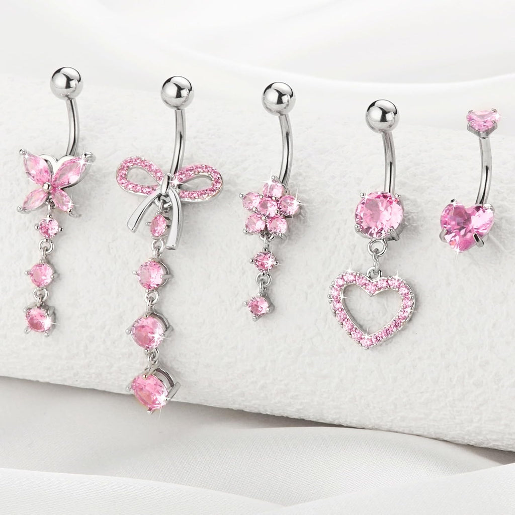 Belly Button Ring Dangle Navel Belly Piercing Jewelry Cute Pink CZ Heart Butterfly Bow Flower Navel Belly Rings for Women 14G Silver Stainless Steel Dainty Dangly Dangling Belly Button Piercing - 我的商店我的商店我的商店