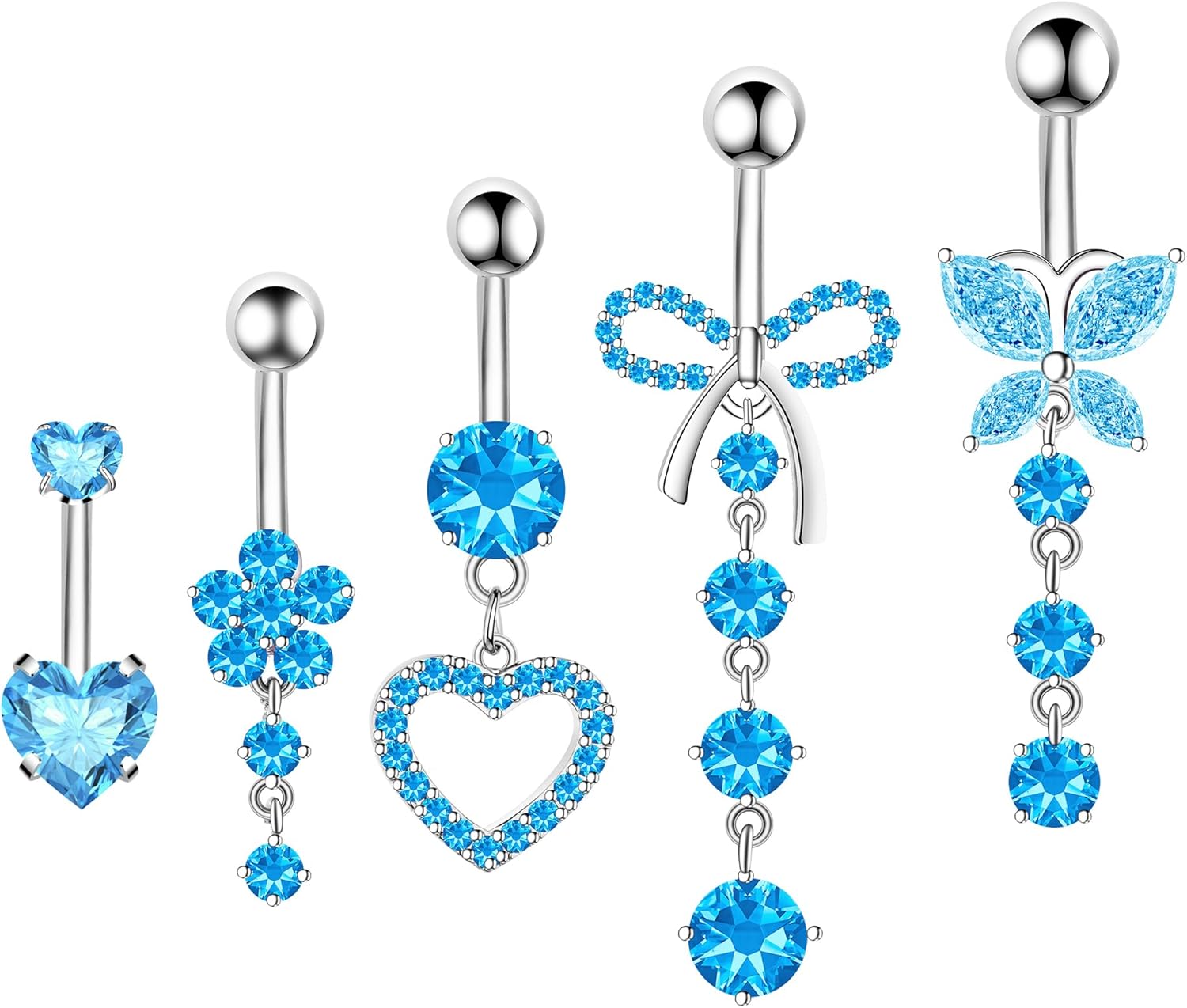 Belly Button Ring Dangle Navel Belly Piercing Jewelry Cute Pink CZ Heart Butterfly Bow Flower Navel Belly Rings for Women 14G Silver Stainless Steel Dainty Dangly Dangling Belly Button Piercing - 我的商店我的商店我的商店