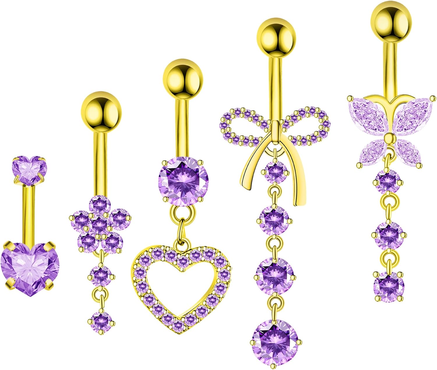 Belly Button Ring Dangle Navel Belly Piercing Jewelry Cute Pink CZ Heart Butterfly Bow Flower Navel Belly Rings for Women 14G Silver Stainless Steel Dainty Dangly Dangling Belly Button Piercing - 我的商店我的商店我的商店