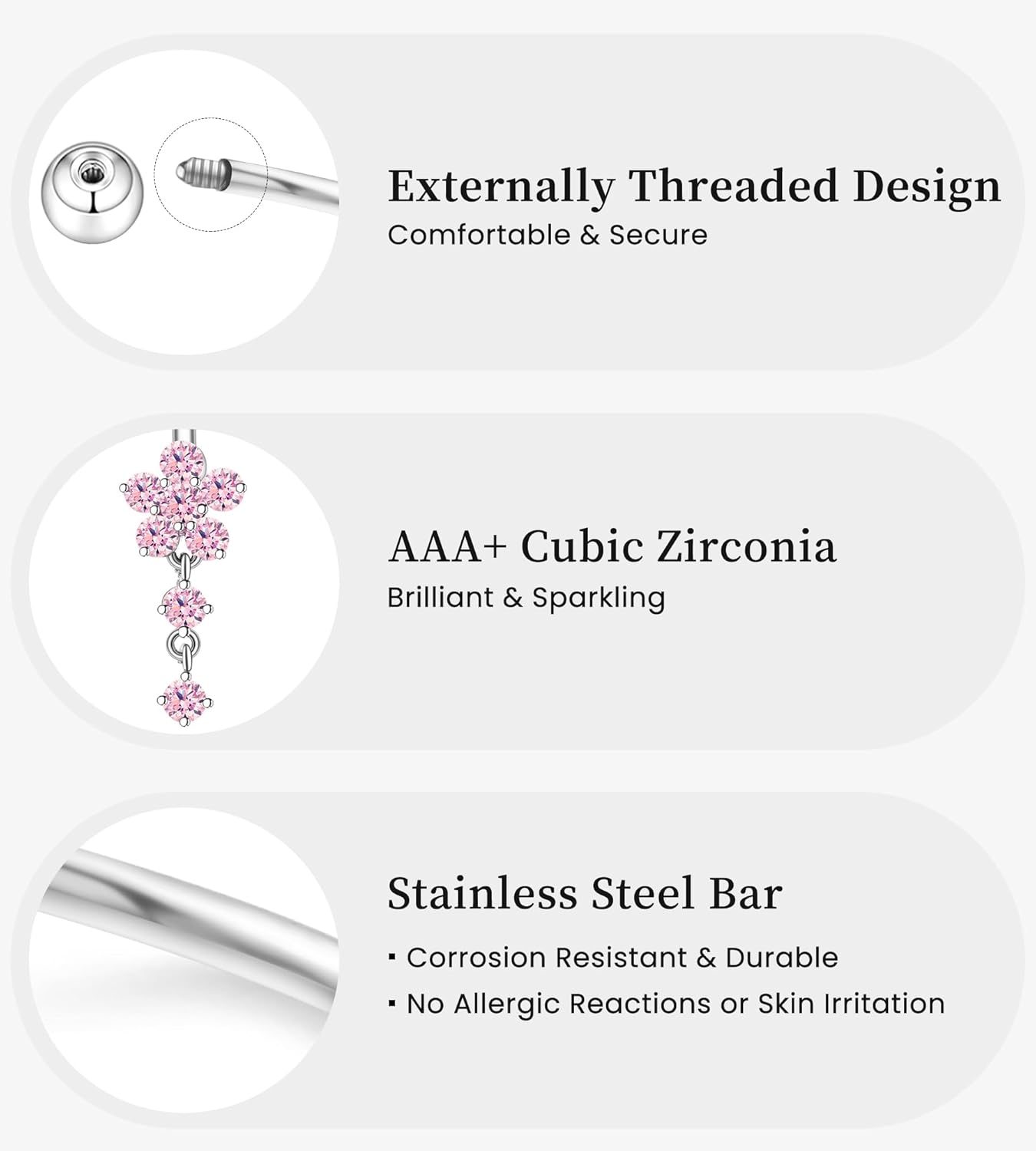 Belly Button Ring Dangle Navel Belly Piercing Jewelry Cute Pink CZ Heart Butterfly Bow Flower Navel Belly Rings for Women 14G Silver Stainless Steel Dainty Dangly Dangling Belly Button Piercing - 我的商店我的商店我的商店