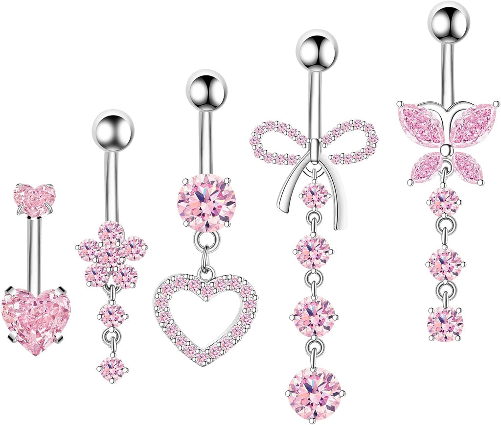 Belly Button Ring Dangle Navel Belly Piercing Jewelry Cute Pink CZ Heart Butterfly Bow Flower Navel Belly Rings for Women 14G Silver Stainless Steel Dainty Dangly Dangling Belly Button Piercing - 我的商店我的商店我的商店