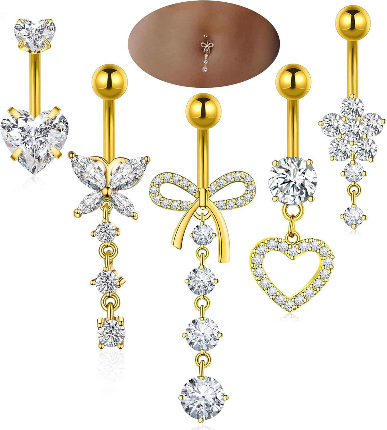 Belly Button Ring Dangle Navel Belly Piercing Jewelry Cute Pink CZ Heart Butterfly Bow Flower Navel Belly Rings for Women 14G Silver Stainless Steel Dainty Dangly Dangling Belly Button Piercing - 我的商店我的商店我的商店