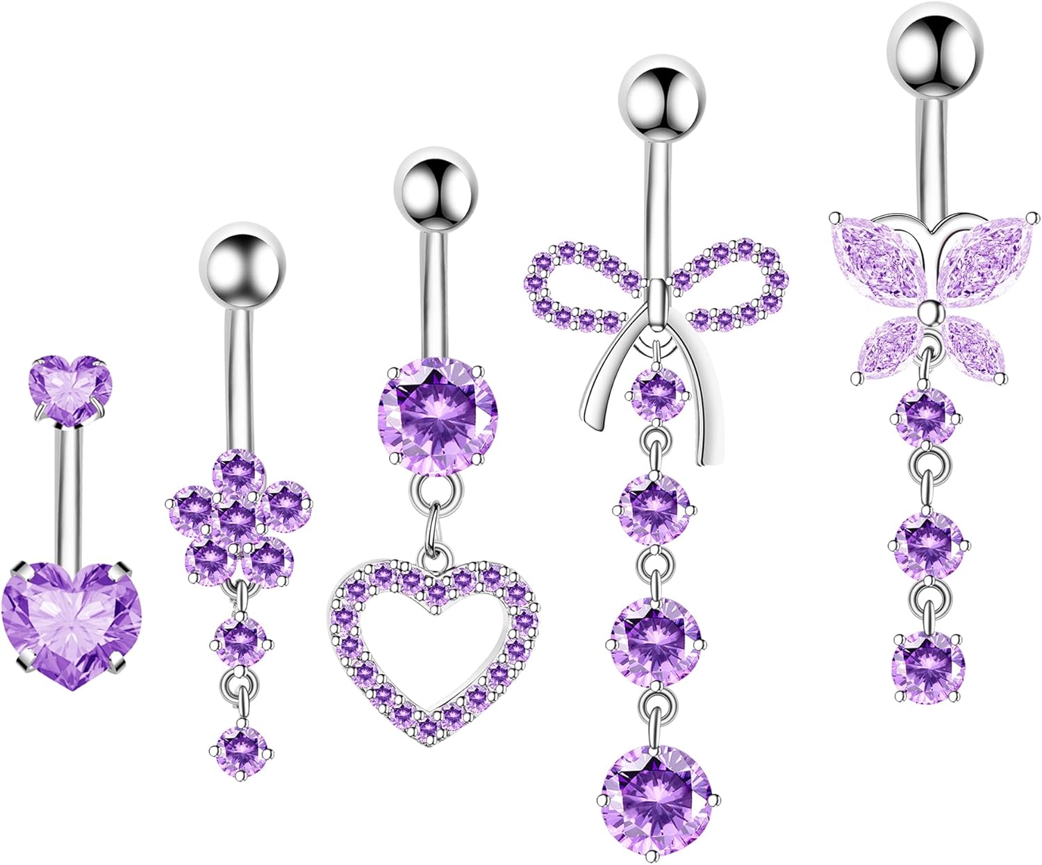 Belly Button Ring Dangle Navel Belly Piercing Jewelry Cute Pink CZ Heart Butterfly Bow Flower Navel Belly Rings for Women 14G Silver Stainless Steel Dainty Dangly Dangling Belly Button Piercing - 我的商店我的商店我的商店