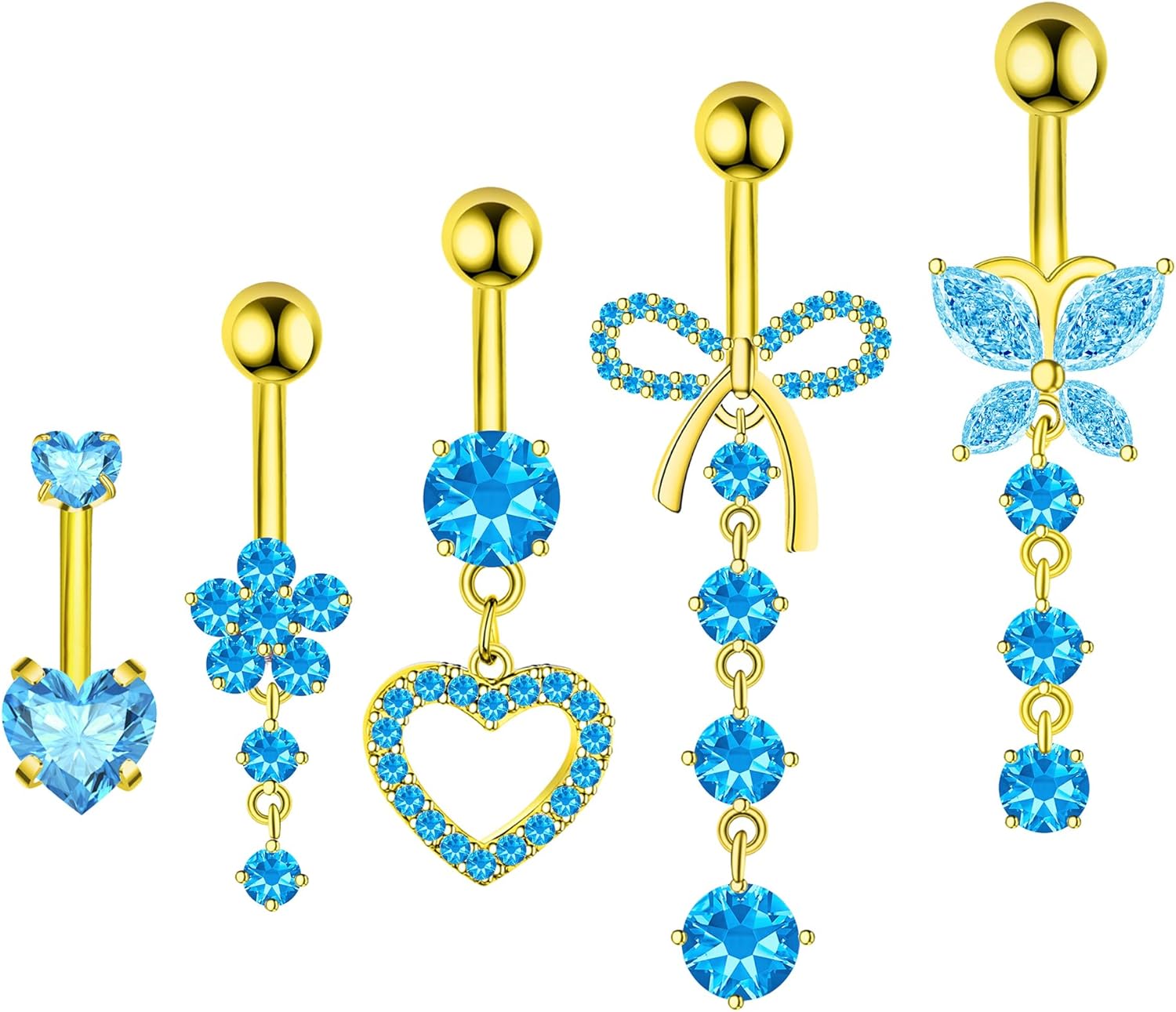 Belly Button Ring Dangle Navel Belly Piercing Jewelry Cute Pink CZ Heart Butterfly Bow Flower Navel Belly Rings for Women 14G Silver Stainless Steel Dainty Dangly Dangling Belly Button Piercing - 我的商店我的商店我的商店