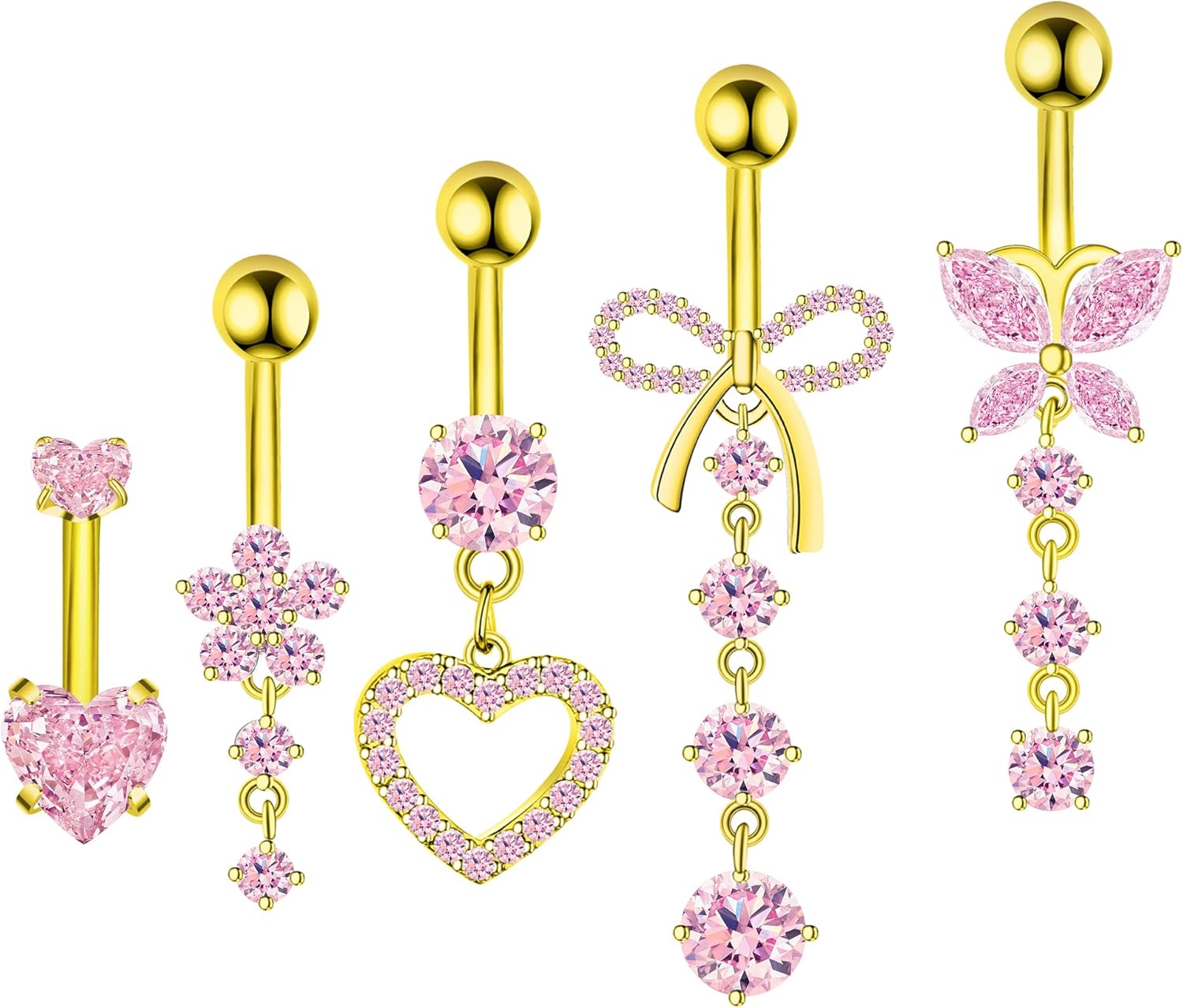 Belly Button Ring Dangle Navel Belly Piercing Jewelry Cute Pink CZ Heart Butterfly Bow Flower Navel Belly Rings for Women 14G Silver Stainless Steel Dainty Dangly Dangling Belly Button Piercing - 我的商店我的商店我的商店