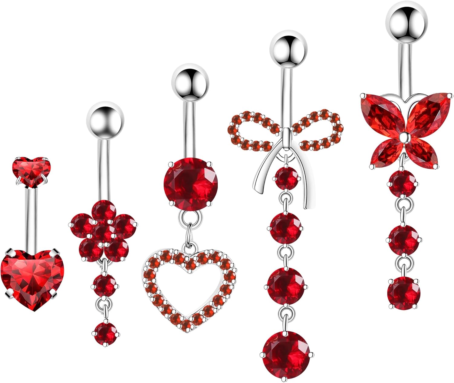 Belly Button Ring Dangle Navel Belly Piercing Jewelry Cute Pink CZ Heart Butterfly Bow Flower Navel Belly Rings for Women 14G Silver Stainless Steel Dainty Dangly Dangling Belly Button Piercing - 我的商店我的商店我的商店