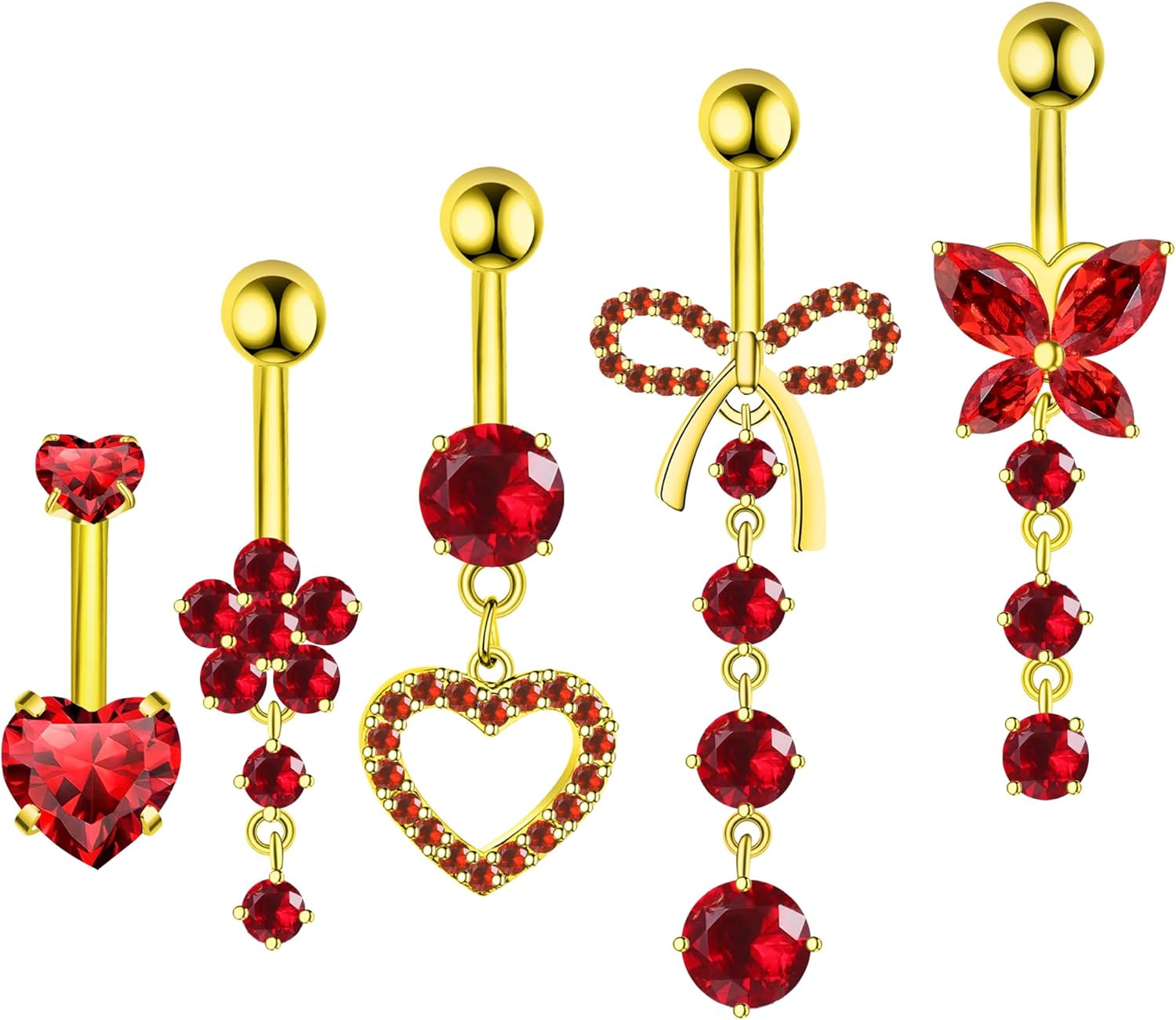 Belly Button Ring Dangle Navel Belly Piercing Jewelry Cute Pink CZ Heart Butterfly Bow Flower Navel Belly Rings for Women 14G Silver Stainless Steel Dainty Dangly Dangling Belly Button Piercing - 我的商店我的商店我的商店