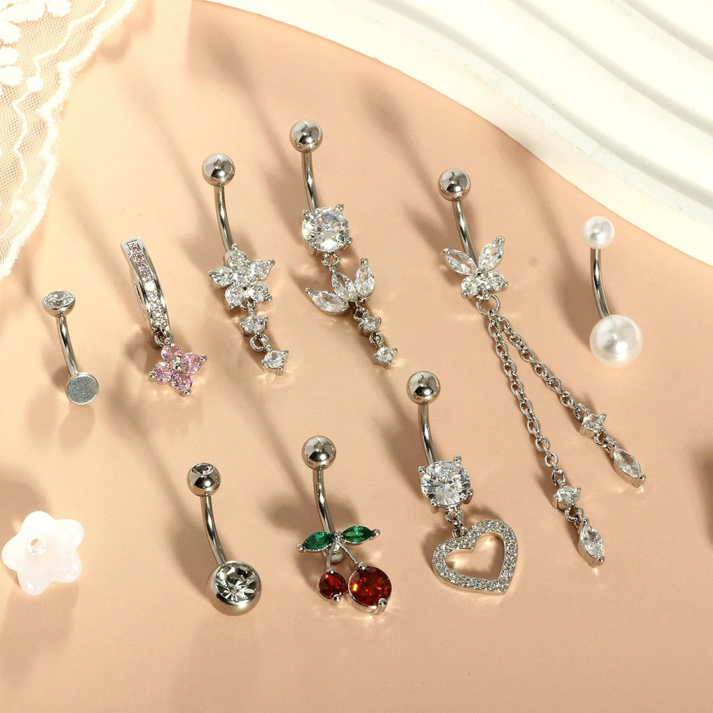 Belly Button Ring Dangle Surgical Stainless Steel Clicker Belly Rings 14G Floating Belly Piercing Cute Cherry Butterfly Heart Navel Ring Belly Button Piercing Jewelry Barbell for Women - 我的商店我的商店我的商店