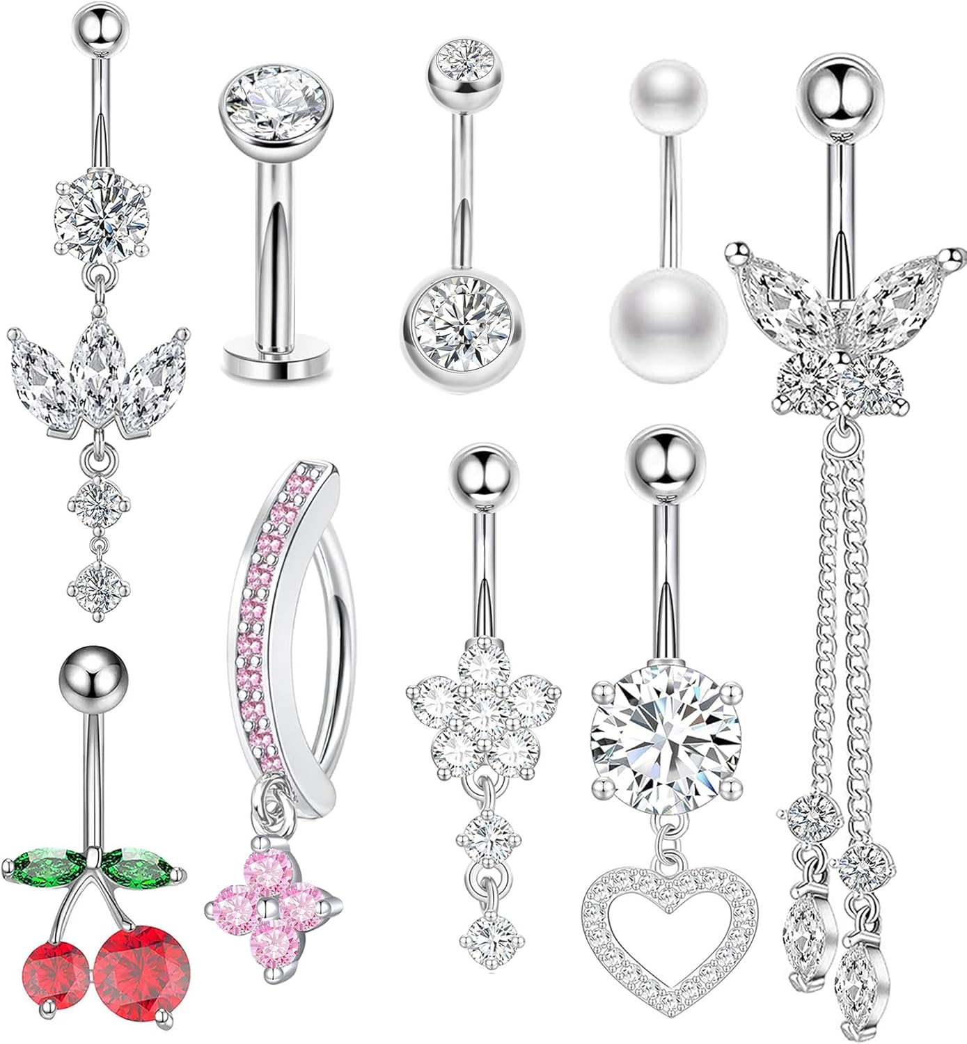 Belly Button Ring Dangle Surgical Stainless Steel Clicker Belly Rings 14G Floating Belly Piercing Cute Cherry Butterfly Heart Navel Ring Belly Button Piercing Jewelry Barbell for Women - 我的商店我的商店我的商店