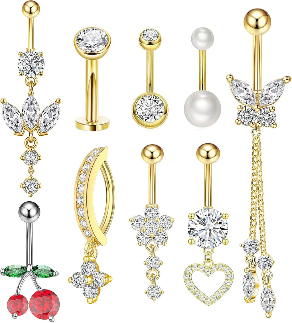 Belly Button Ring Dangle Surgical Stainless Steel Clicker Belly Rings 14G Floating Belly Piercing Cute Cherry Butterfly Heart Navel Ring Belly Button Piercing Jewelry Barbell for Women - 我的商店我的商店我的商店