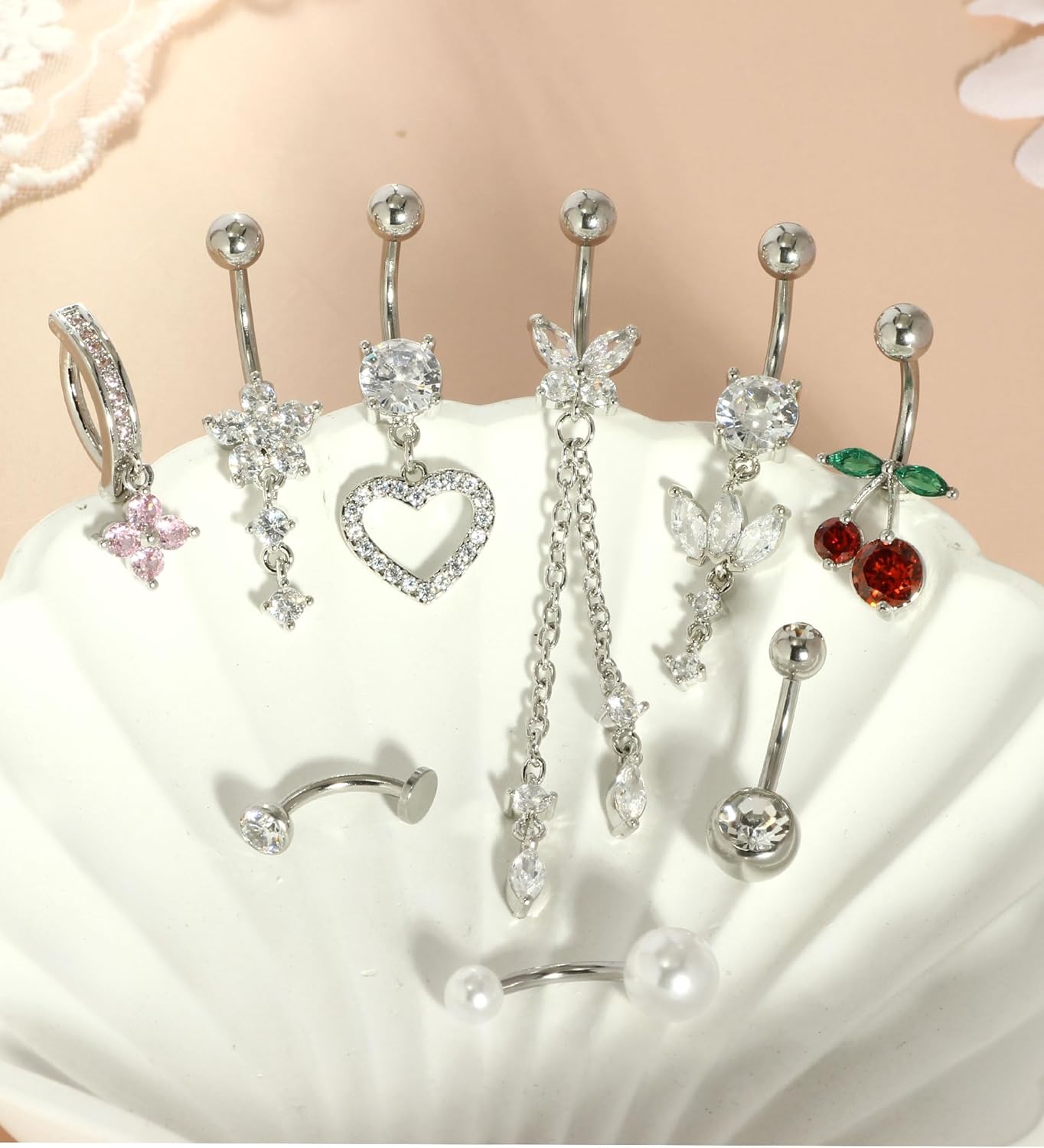 Belly Button Ring Dangle Surgical Stainless Steel Clicker Belly Rings 14G Floating Belly Piercing Cute Cherry Butterfly Heart Navel Ring Belly Button Piercing Jewelry Barbell for Women - 我的商店我的商店我的商店