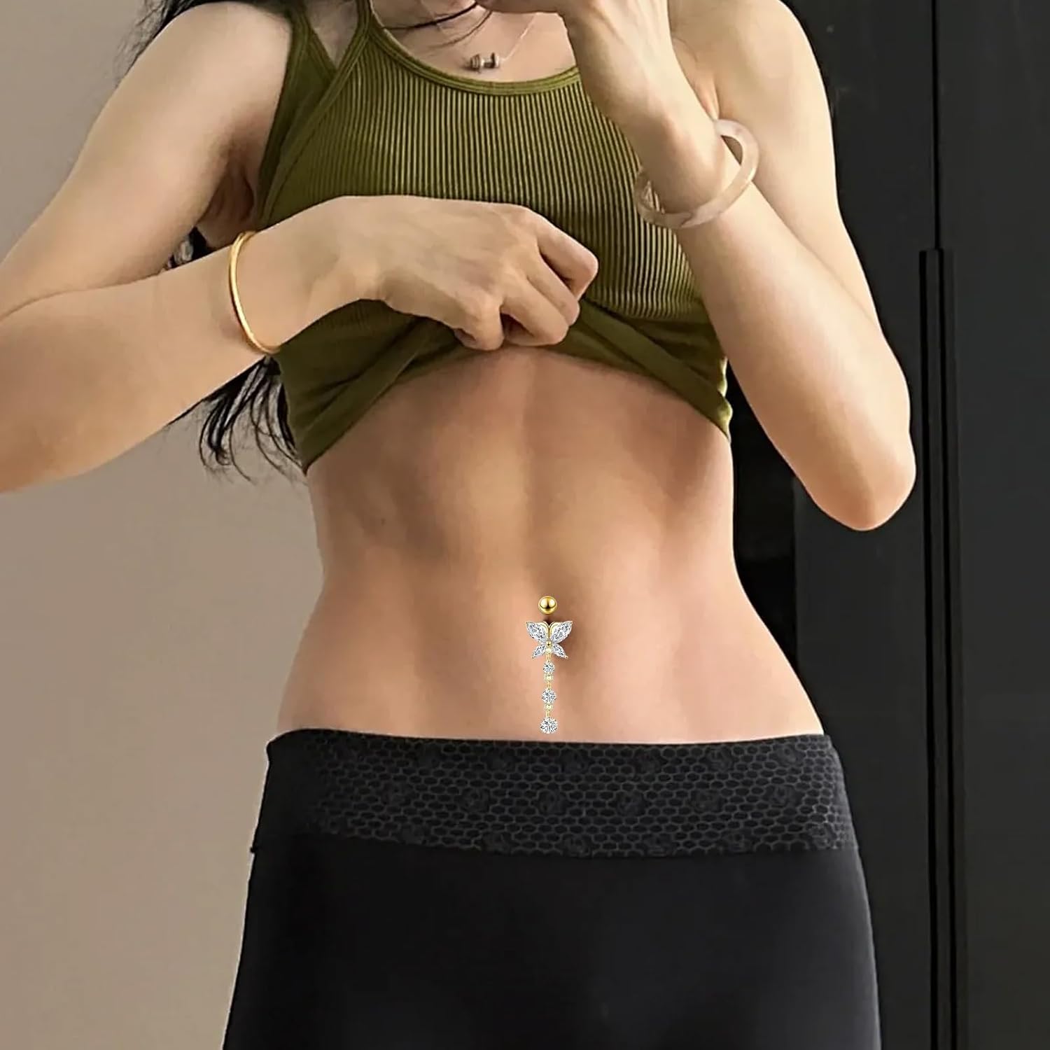 Belly Button Ring Navel Dangle Belly Piercing Jewelry Cute Pink CZ Heart Butterfly Bow Flower Navel Belly Rings for Women 14G Silver Stainless Steel Dainty Dangling Belly Button Piercing - 我的商店我的商店我的商店