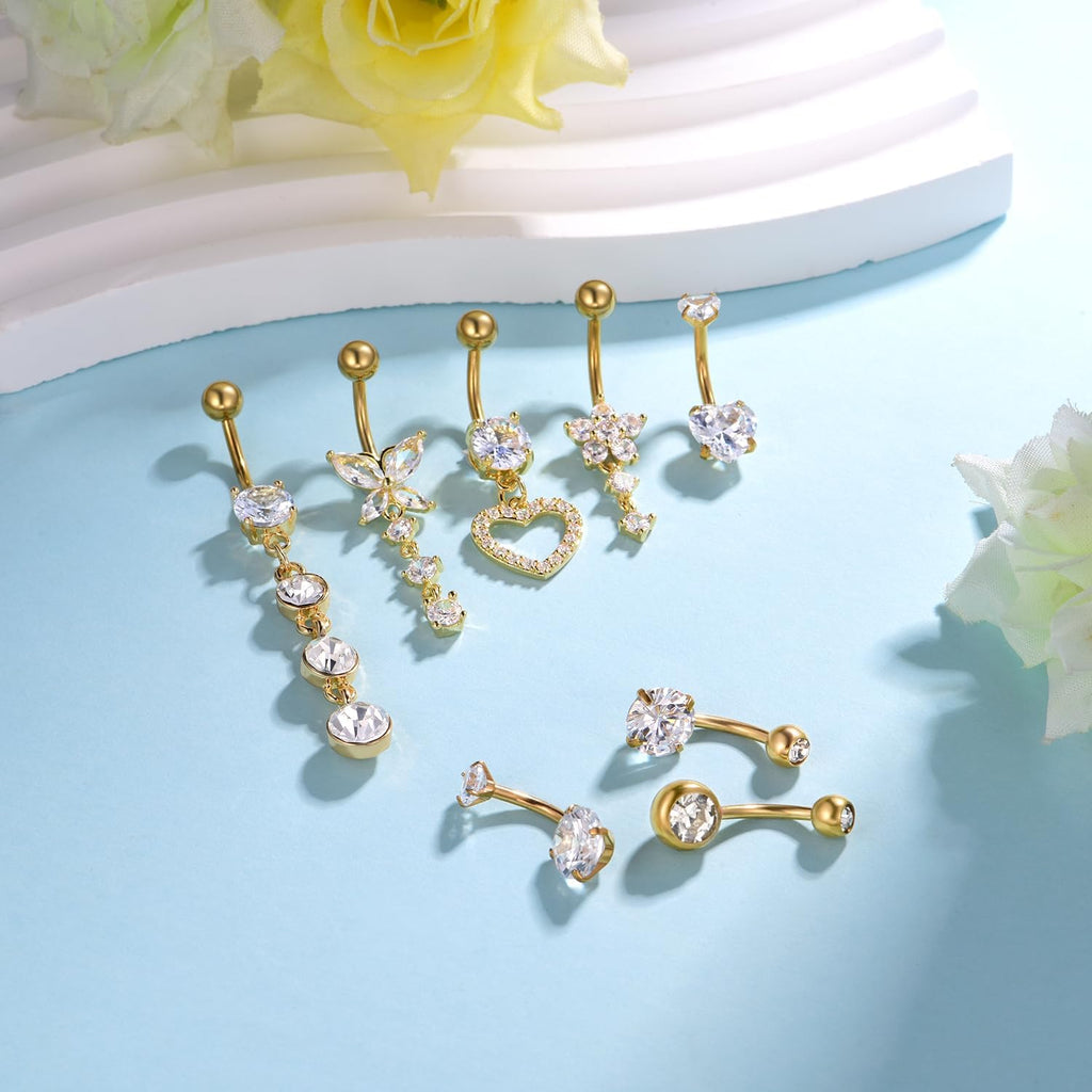 Belly Button Ring Navel Dangle Belly Piercing Jewelry Cute Pink CZ Heart Butterfly Bow Flower Navel Belly Rings for Women 14G Silver Stainless Steel Dainty Dangling Belly Button Piercing - 我的商店我的商店我的商店