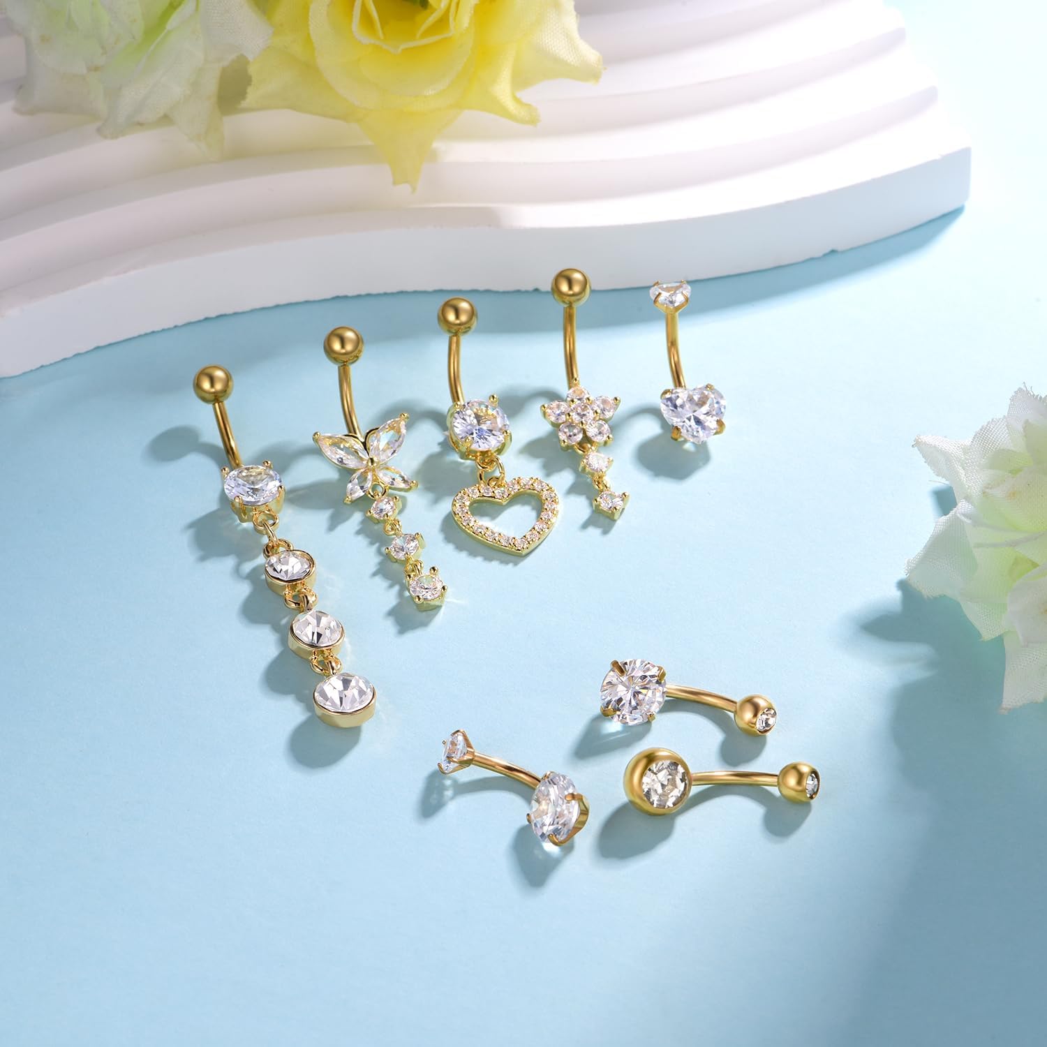 Belly Button Ring Navel Dangle Belly Piercing Jewelry Cute Pink CZ Heart Butterfly Bow Flower Navel Belly Rings for Women 14G Silver Stainless Steel Dainty Dangling Belly Button Piercing - 我的商店我的商店我的商店