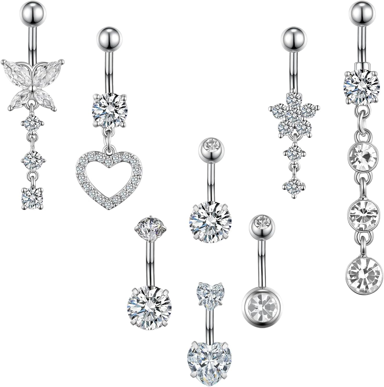 Belly Button Ring Navel Dangle Belly Piercing Jewelry Cute Pink CZ Heart Butterfly Bow Flower Navel Belly Rings for Women 14G Silver Stainless Steel Dainty Dangling Belly Button Piercing - 我的商店我的商店我的商店