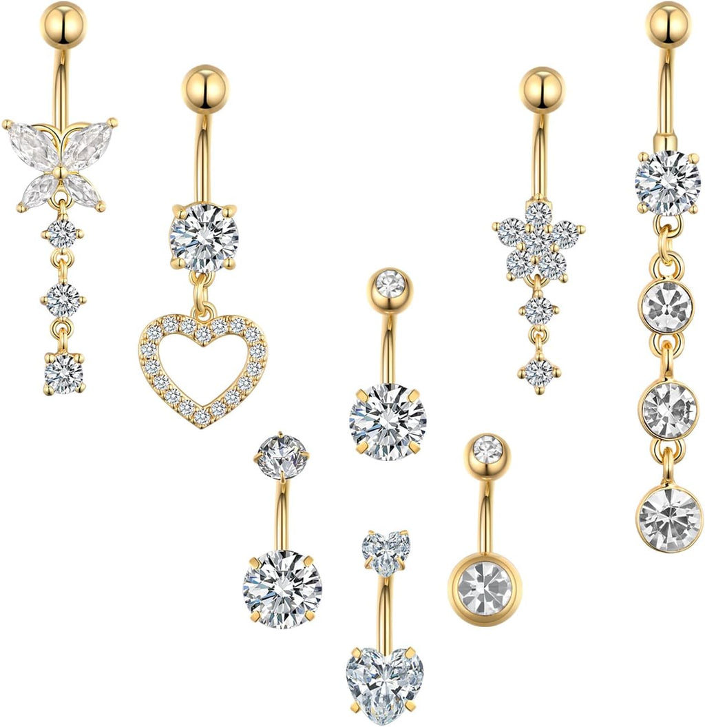 Belly Button Ring Navel Dangle Belly Piercing Jewelry Cute Pink CZ Heart Butterfly Bow Flower Navel Belly Rings for Women 14G Silver Stainless Steel Dainty Dangling Belly Button Piercing - 我的商店我的商店我的商店