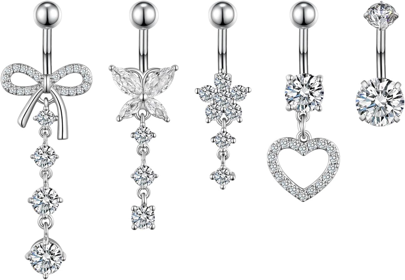 Belly Button Ring Navel Dangle Belly Piercing Jewelry Cute Pink CZ Heart Butterfly Bow Flower Navel Belly Rings for Women 14G Silver Stainless Steel Dainty Dangling Belly Button Piercing - 我的商店我的商店我的商店