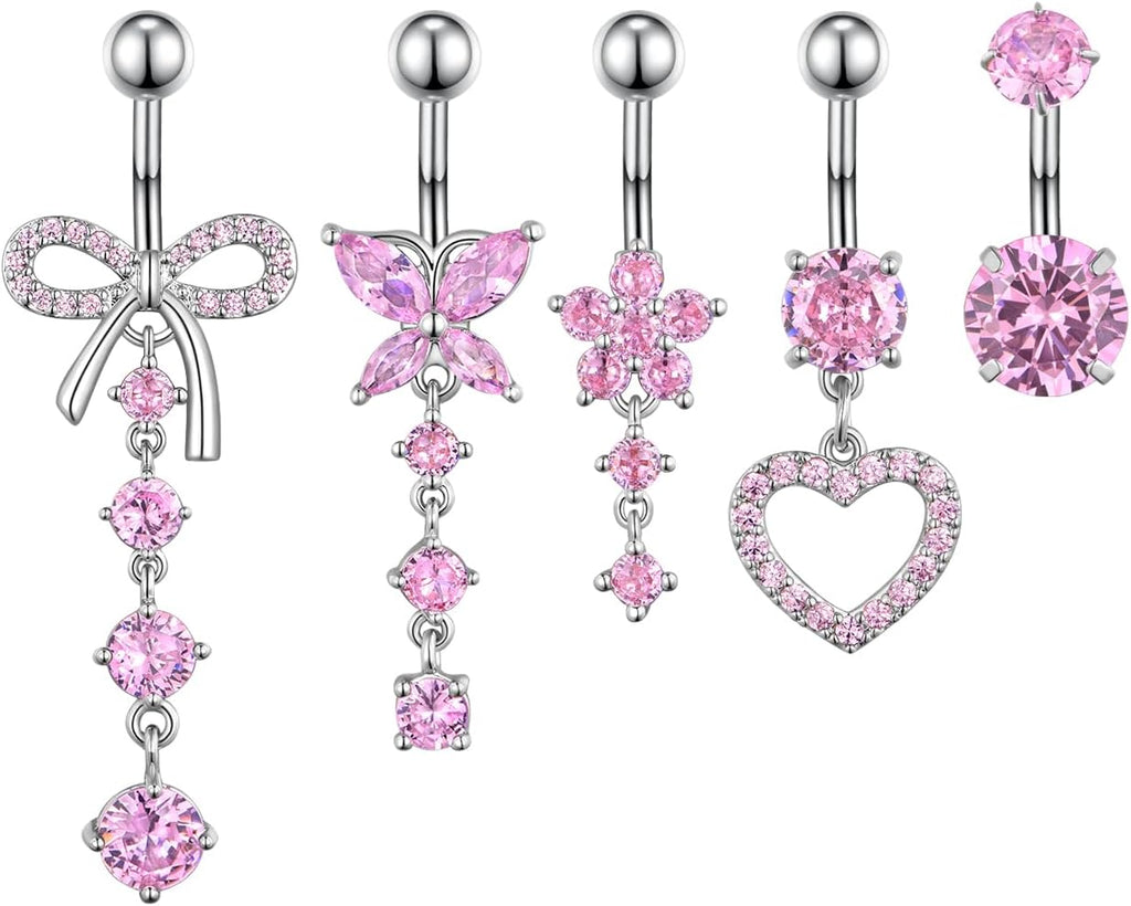Belly Button Ring Navel Dangle Belly Piercing Jewelry Cute Pink CZ Heart Butterfly Bow Flower Navel Belly Rings for Women 14G Silver Stainless Steel Dainty Dangling Belly Button Piercing - 我的商店我的商店我的商店
