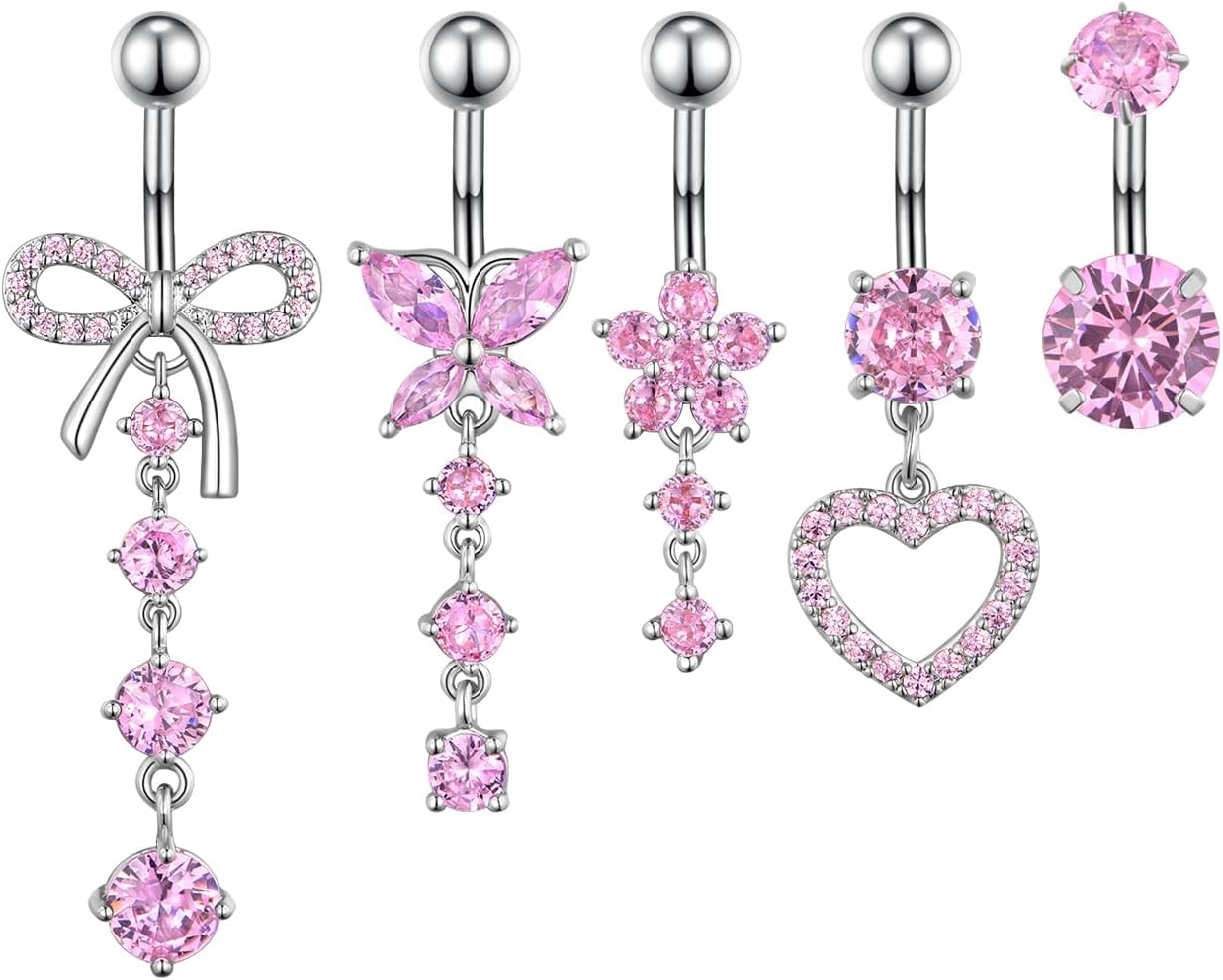 Belly Button Ring Navel Dangle Belly Piercing Jewelry Cute Pink CZ Heart Butterfly Bow Flower Navel Belly Rings for Women 14G Silver Stainless Steel Dainty Dangling Belly Button Piercing - 我的商店我的商店我的商店