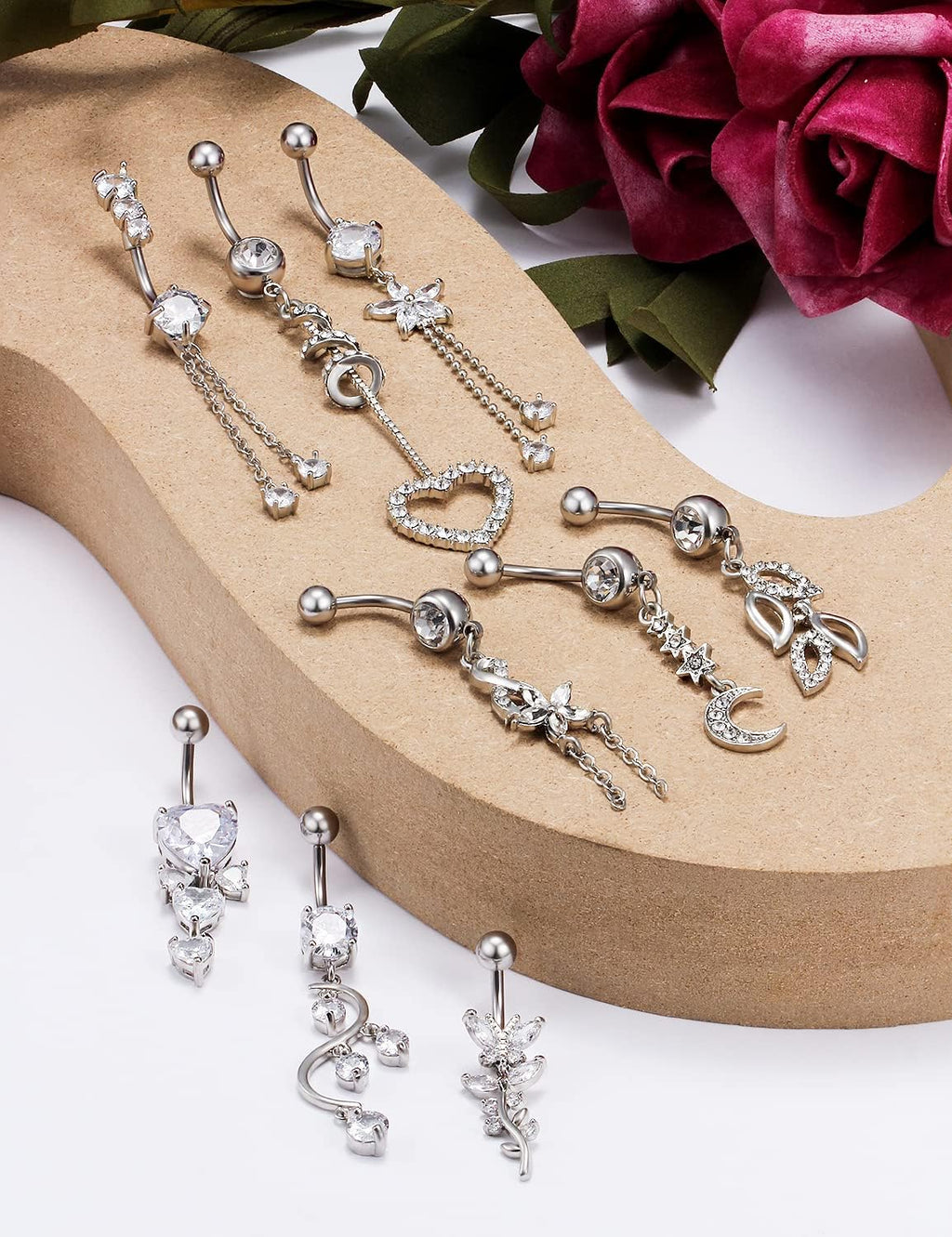 Belly Button Ring Navel Dangling Piercing Jewelry for Women 14g Silver Rose Gold Rainbow Surgical Steel Nickel Free Hypoallergenic VCH Set - 我的商店我的商店我的商店