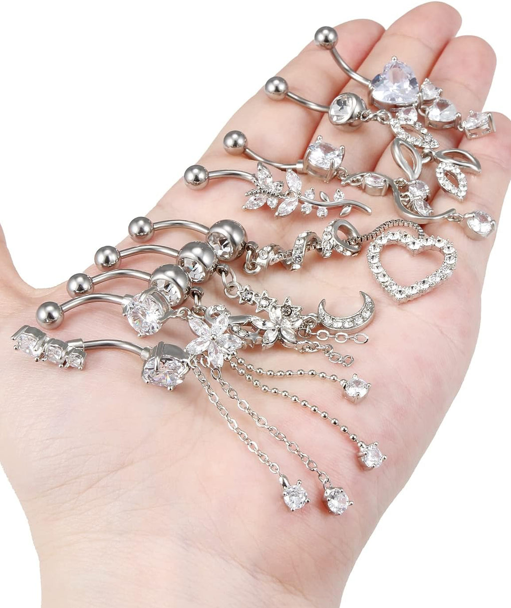 Belly Button Ring Navel Dangling Piercing Jewelry for Women 14g Silver Rose Gold Rainbow Surgical Steel Nickel Free Hypoallergenic VCH Set - 我的商店我的商店我的商店