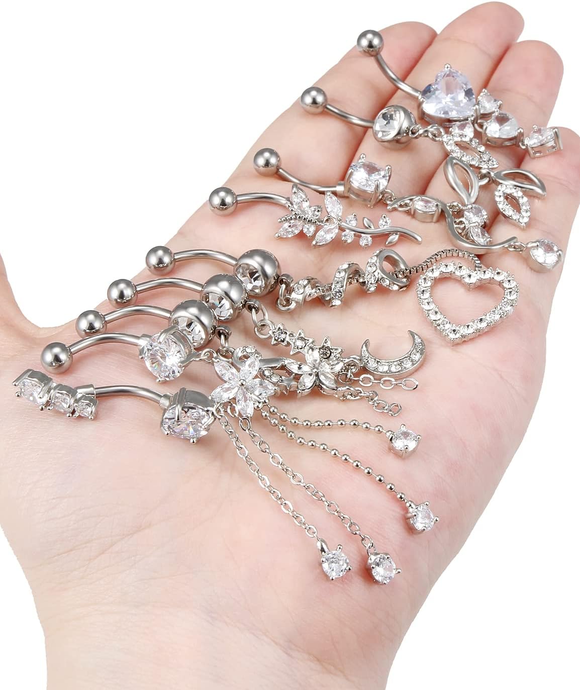 Belly Button Ring Navel Dangling Piercing Jewelry for Women 14g Silver Rose Gold Rainbow Surgical Steel Nickel Free Hypoallergenic VCH Set - 我的商店我的商店我的商店