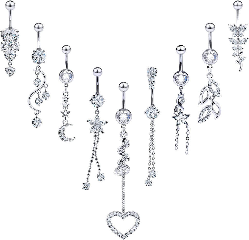 Belly Button Ring Navel Dangling Piercing Jewelry for Women 14g Silver Rose Gold Rainbow Surgical Steel Nickel Free Hypoallergenic VCH Set - 我的商店我的商店我的商店