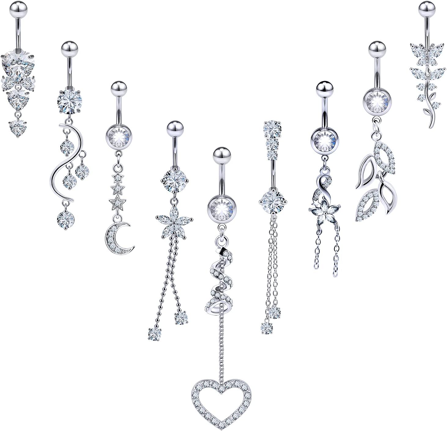 Belly Button Ring Navel Dangling Piercing Jewelry for Women 14g Silver Rose Gold Rainbow Surgical Steel Nickel Free Hypoallergenic VCH Set - 我的商店我的商店我的商店