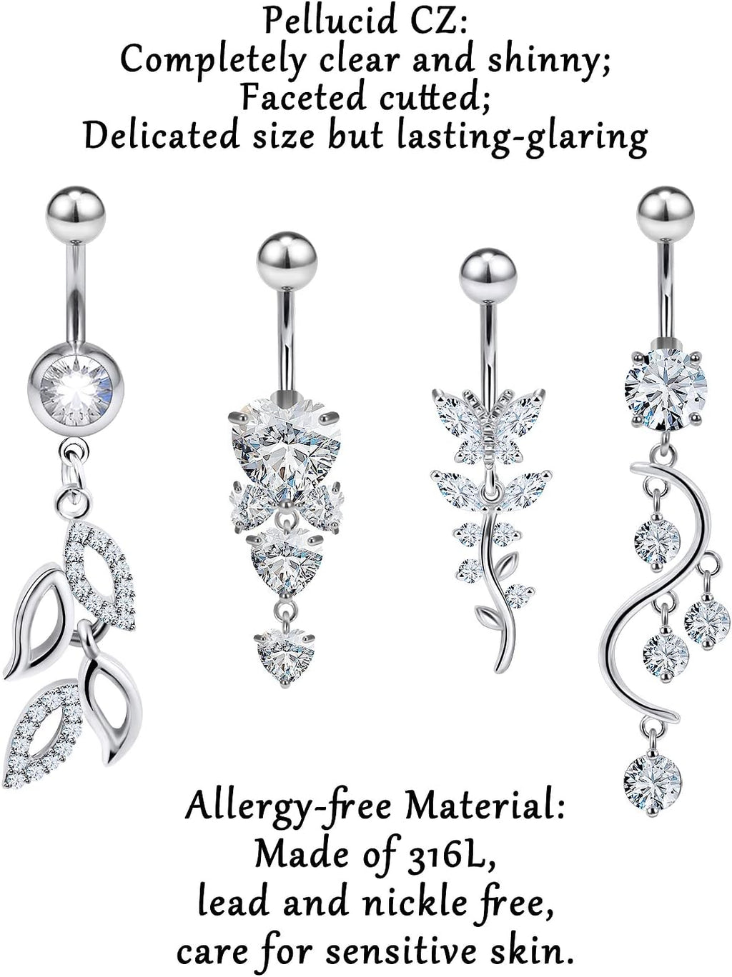 Belly Button Ring Navel Dangling Piercing Jewelry for Women 14g Silver Rose Gold Rainbow Surgical Steel Nickel Free Hypoallergenic VCH Set - 我的商店我的商店我的商店