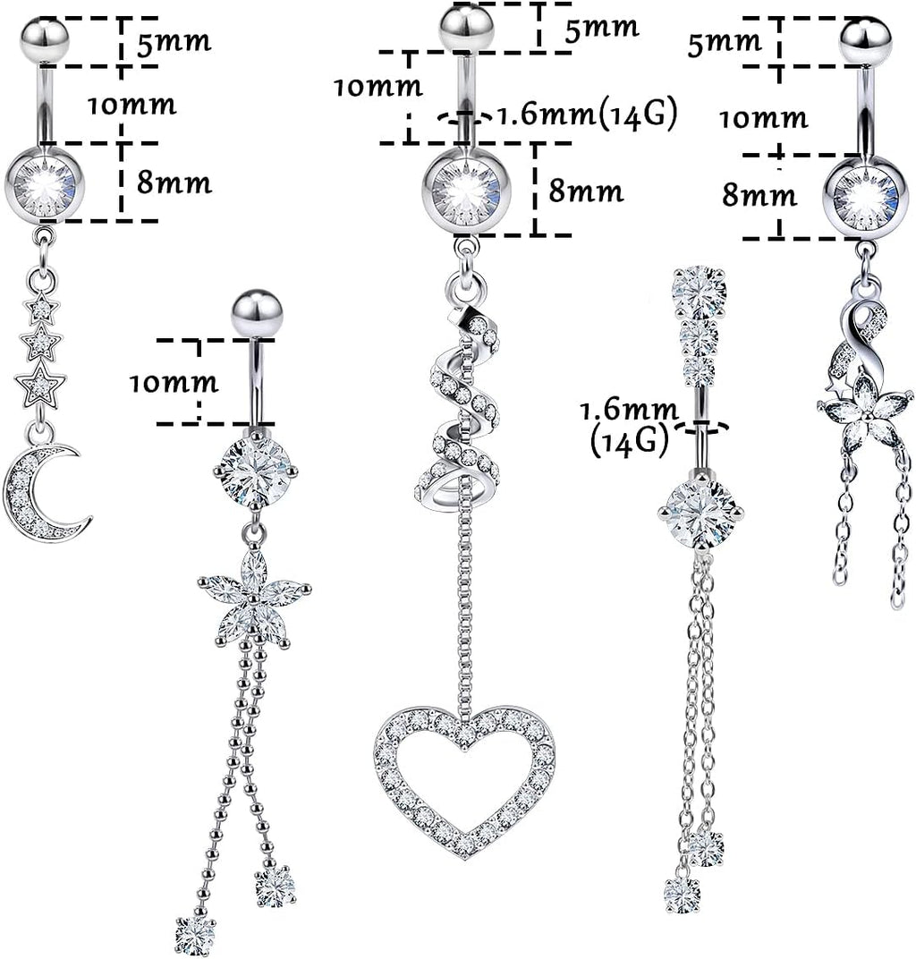 Belly Button Ring Navel Dangling Piercing Jewelry for Women 14g Silver Rose Gold Rainbow Surgical Steel Nickel Free Hypoallergenic VCH Set - 我的商店我的商店我的商店