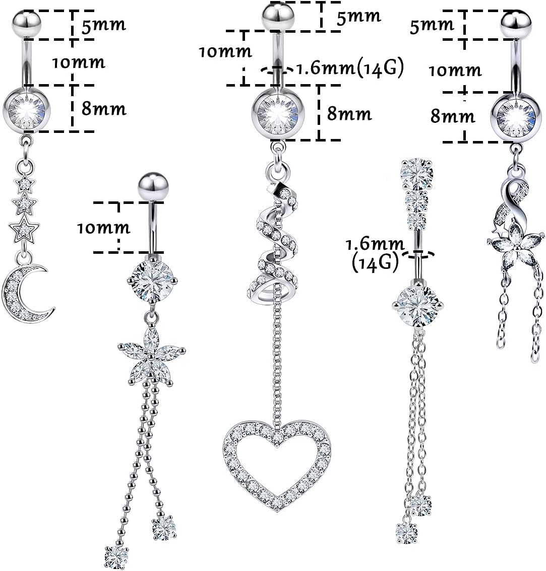 Belly Button Ring Navel Dangling Piercing Jewelry for Women 14g Silver Rose Gold Rainbow Surgical Steel Nickel Free Hypoallergenic VCH Set - 我的商店我的商店我的商店