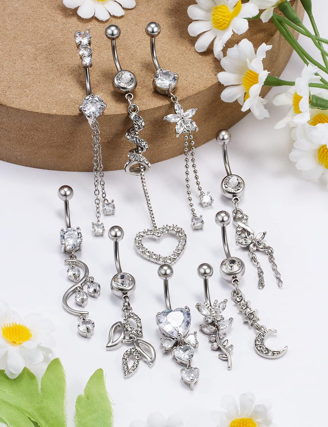 Belly Button Ring Navel Dangling Piercing Jewelry for Women 14g Silver Rose Gold Rainbow Surgical Steel Nickel Free Hypoallergenic VCH Set - 我的商店我的商店我的商店