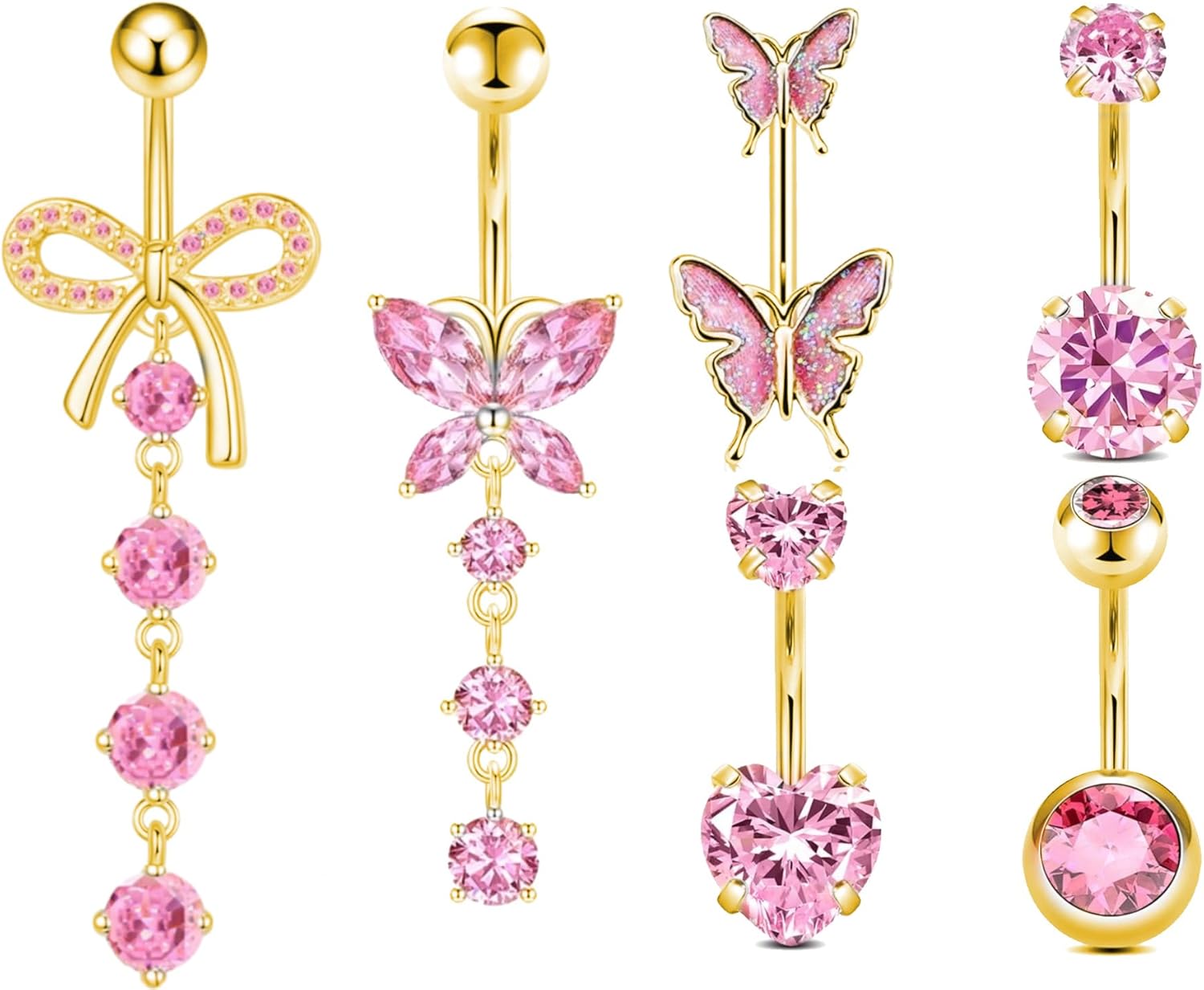 Belly Button Ring Surgical Stainless Steel Belly Button Rings for Women Pink Piercing Jewelry Dangling Belly Ring Pack - 我的商店我的商店我的商店