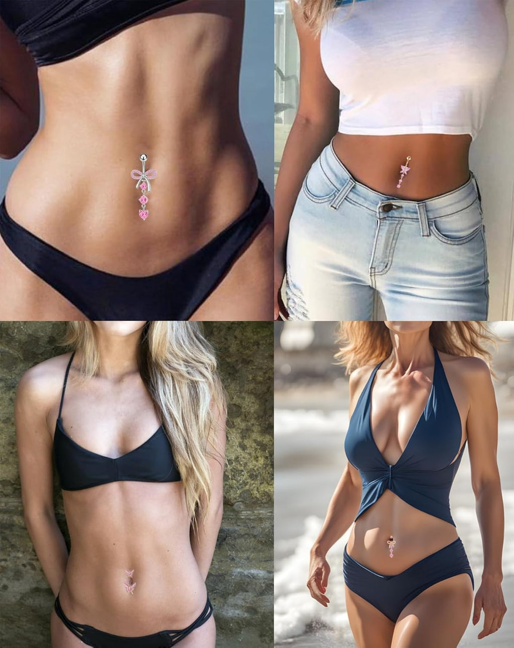 Belly Button Ring Surgical Stainless Steel Belly Button Rings for Women Pink Piercing Jewelry Dangling Belly Ring Pack - 我的商店我的商店我的商店