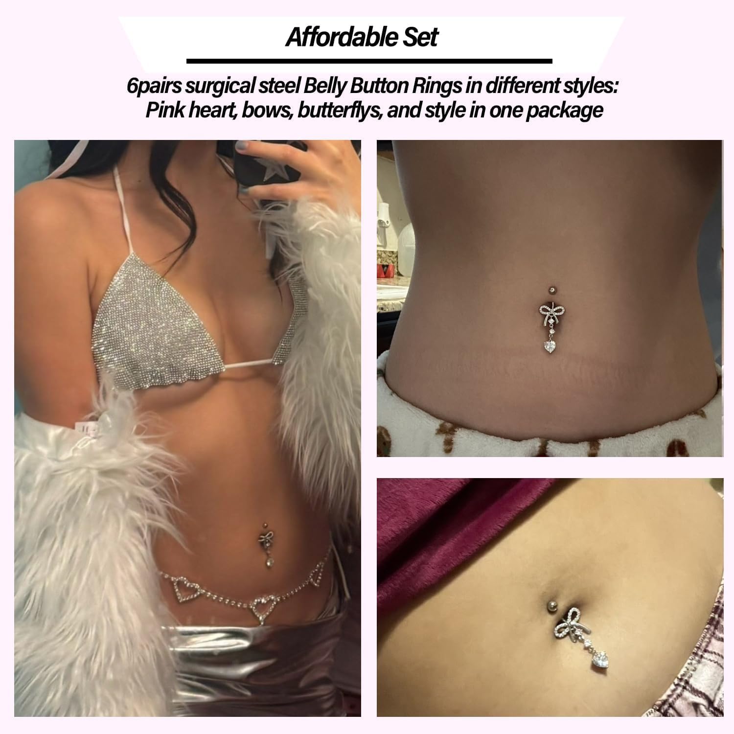 Belly Button Ring Surgical Stainless Steel Belly Button Rings for Women Pink Piercing Jewelry Dangling Belly Ring Pack - 我的商店我的商店我的商店