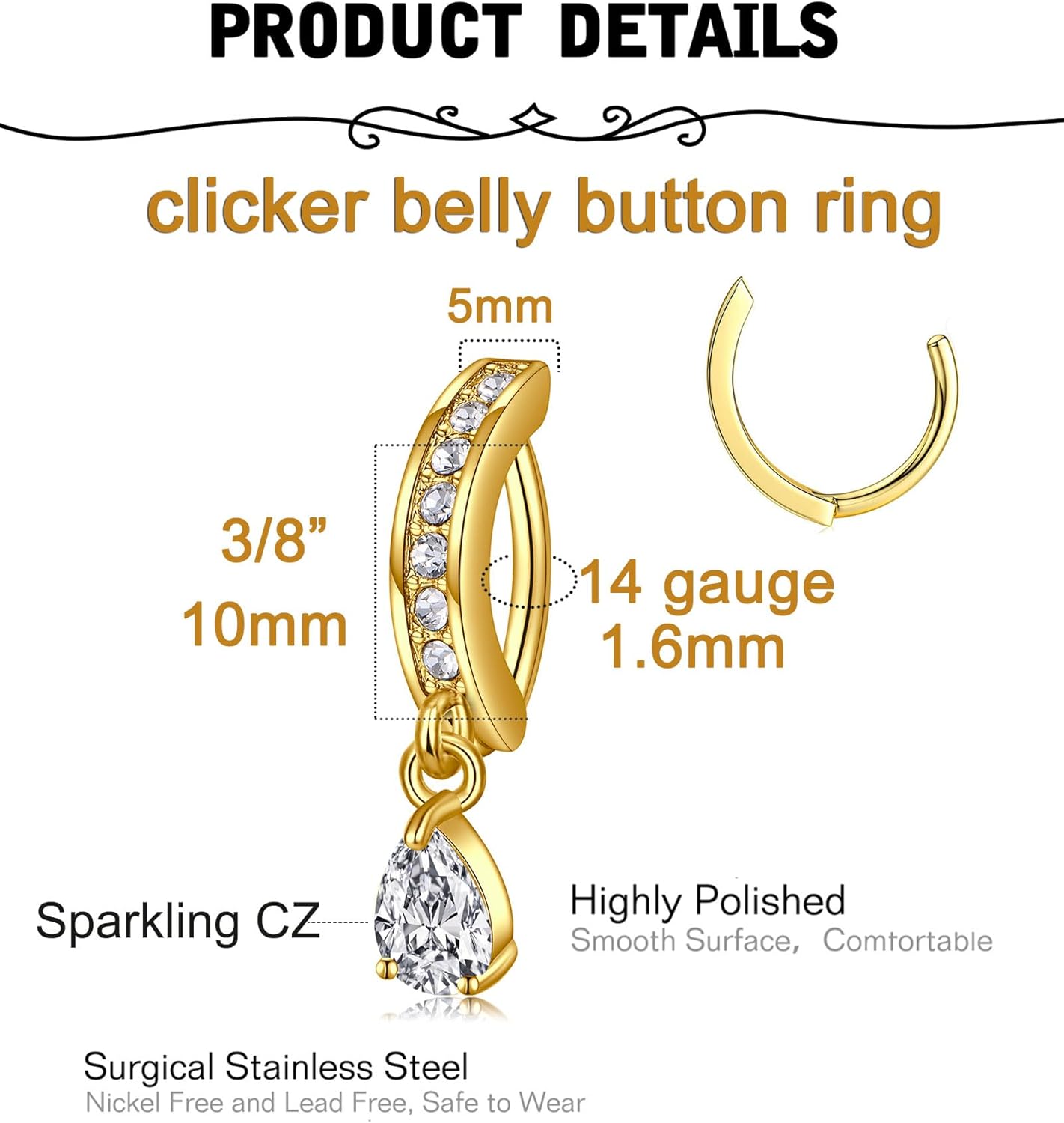 Belly Button Ring Surgical Steel Belly Rings for Women Hypoallergenic Belly Button Rings Clicker Belly Button Ring Belly Piercing Silver Rose Gold Pink Black Navel Rings for Women - 我的商店我的商店我的商店