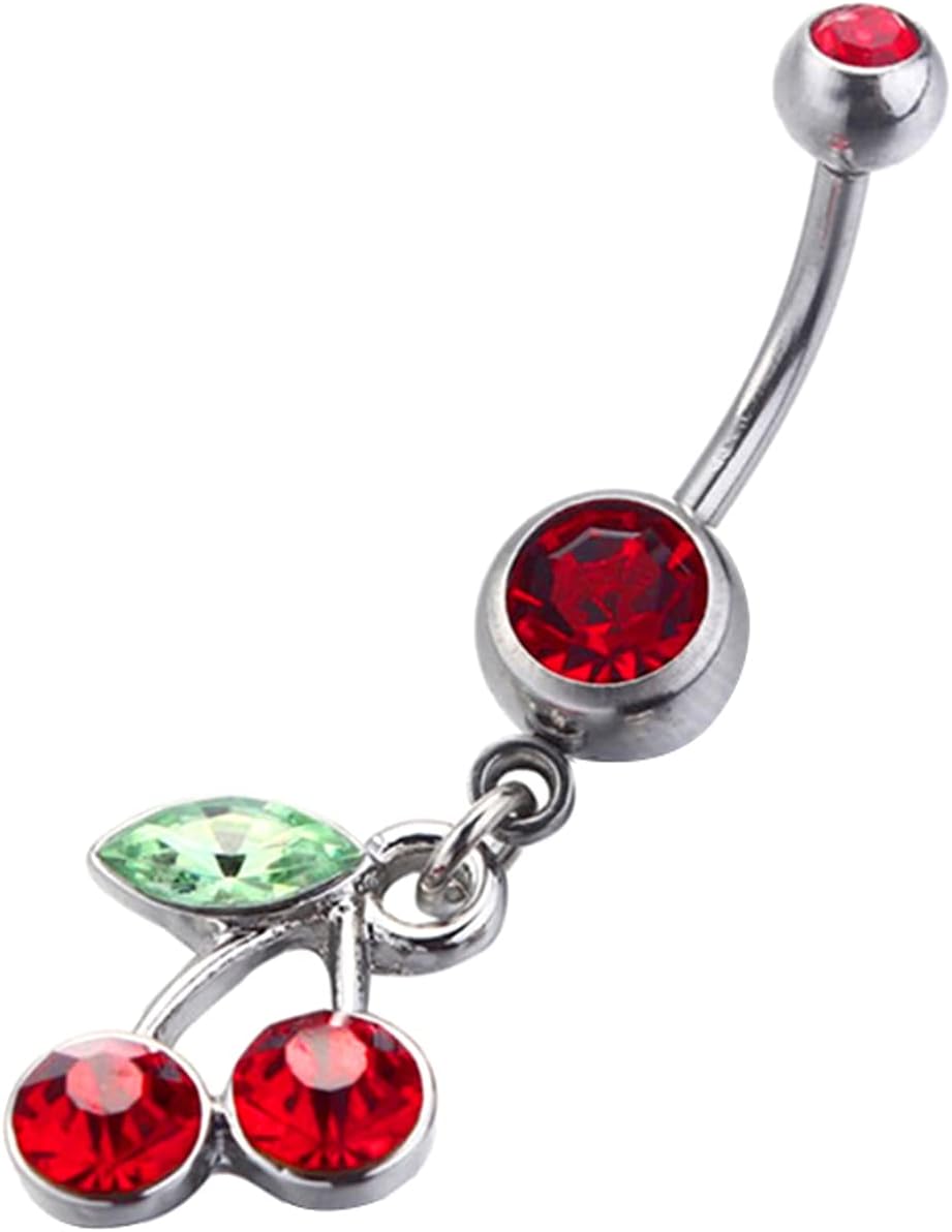 Belly Button Rings 14G 316L Surgical Steel Cute Cherry Dangle Cubic Zirconia Navel Piercing Jewelry - 我的商店我的商店我的商店