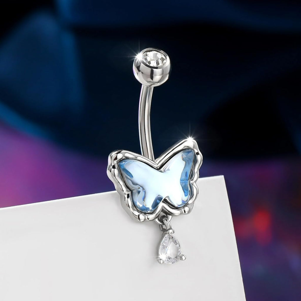 Belly Button Rings, 14G Butterfly Belly Rings, Pave Blue Crystal Stone Belly Piercing Jewelry, 316L Surgical Steel Navel Piercing Jewelry For Women Men - 我的商店我的商店我的商店