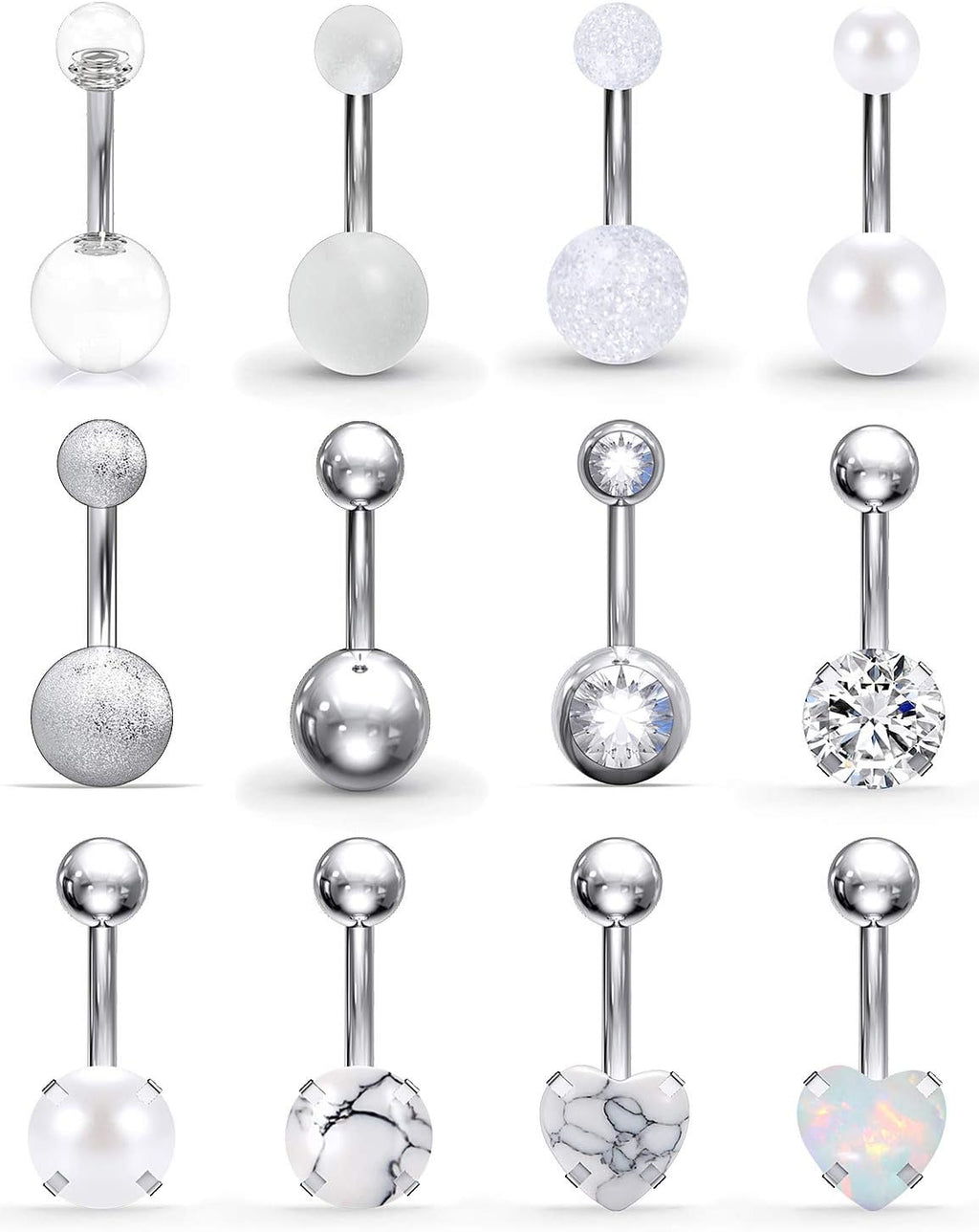 Belly Button Rings 14G Stainless Steel Navel Belly Earring CZ Heart Opal Navel Ring Barbell Body Piercing Jewelry 12PCS - 我的商店我的商店我的商店