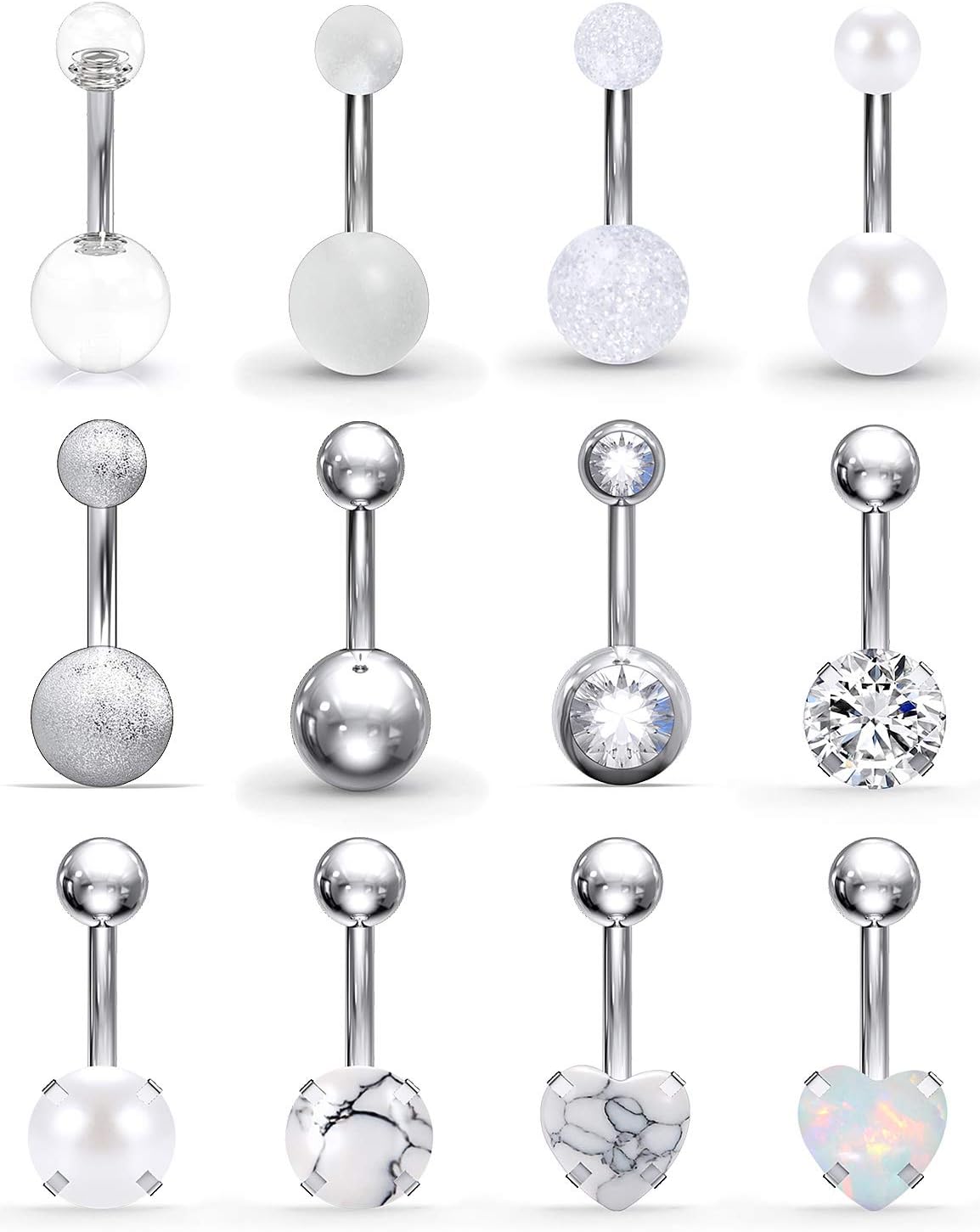 Belly Button Rings 14G Stainless Steel Navel Belly Earring CZ Heart Opal Navel Ring Barbell Body Piercing Jewelry 12PCS - 我的商店我的商店我的商店