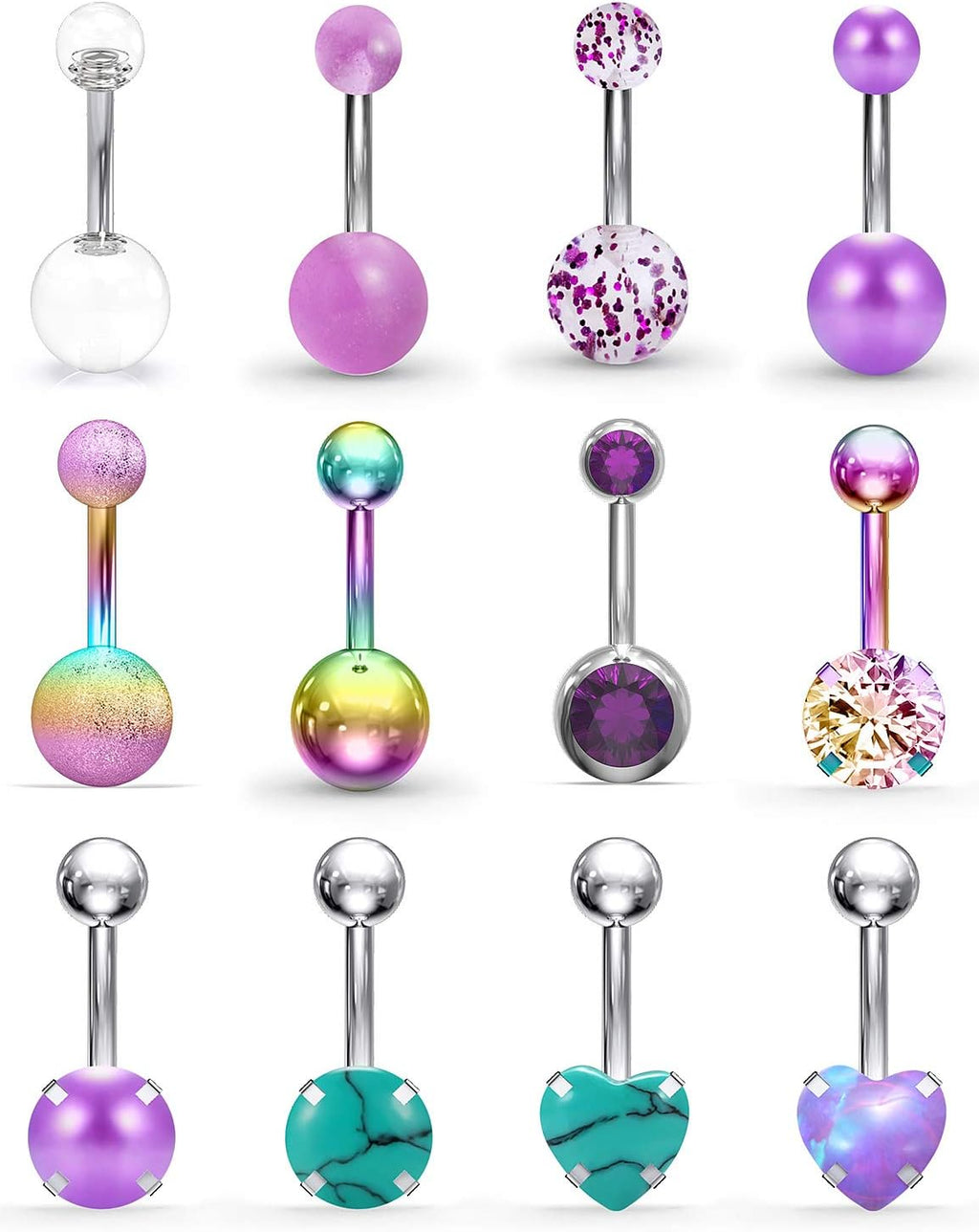 Belly Button Rings 14G Stainless Steel Navel Belly Earring CZ Heart Opal Navel Ring Barbell Body Piercing Jewelry 12PCS - 我的商店我的商店我的商店