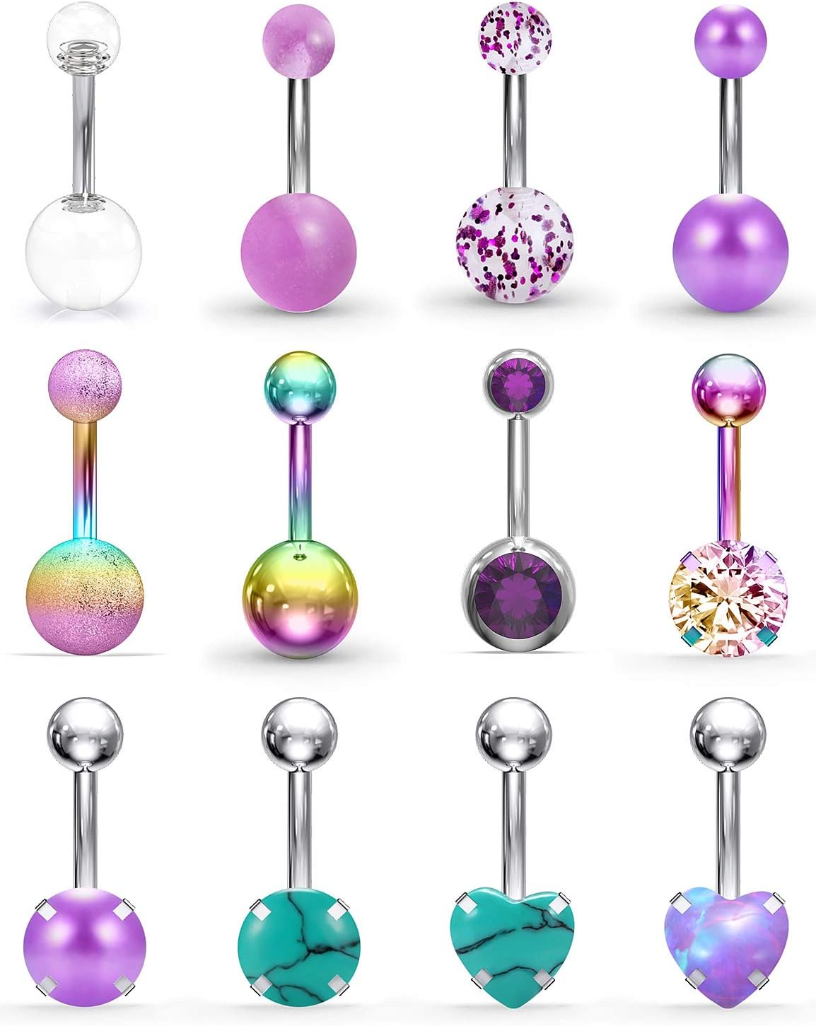 Belly Button Rings 14G Stainless Steel Navel Belly Earring CZ Heart Opal Navel Ring Barbell Body Piercing Jewelry 12PCS - 我的商店我的商店我的商店
