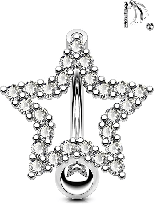 Belly Button Rings, 14G Star Shape Belly Rings, Crystal Top Down Belly Piercing Jewelry, 316L Surgical Steel Navel Piercing Jewelry For Women Men - QIAO Crystal我的商店QIAO Crystal