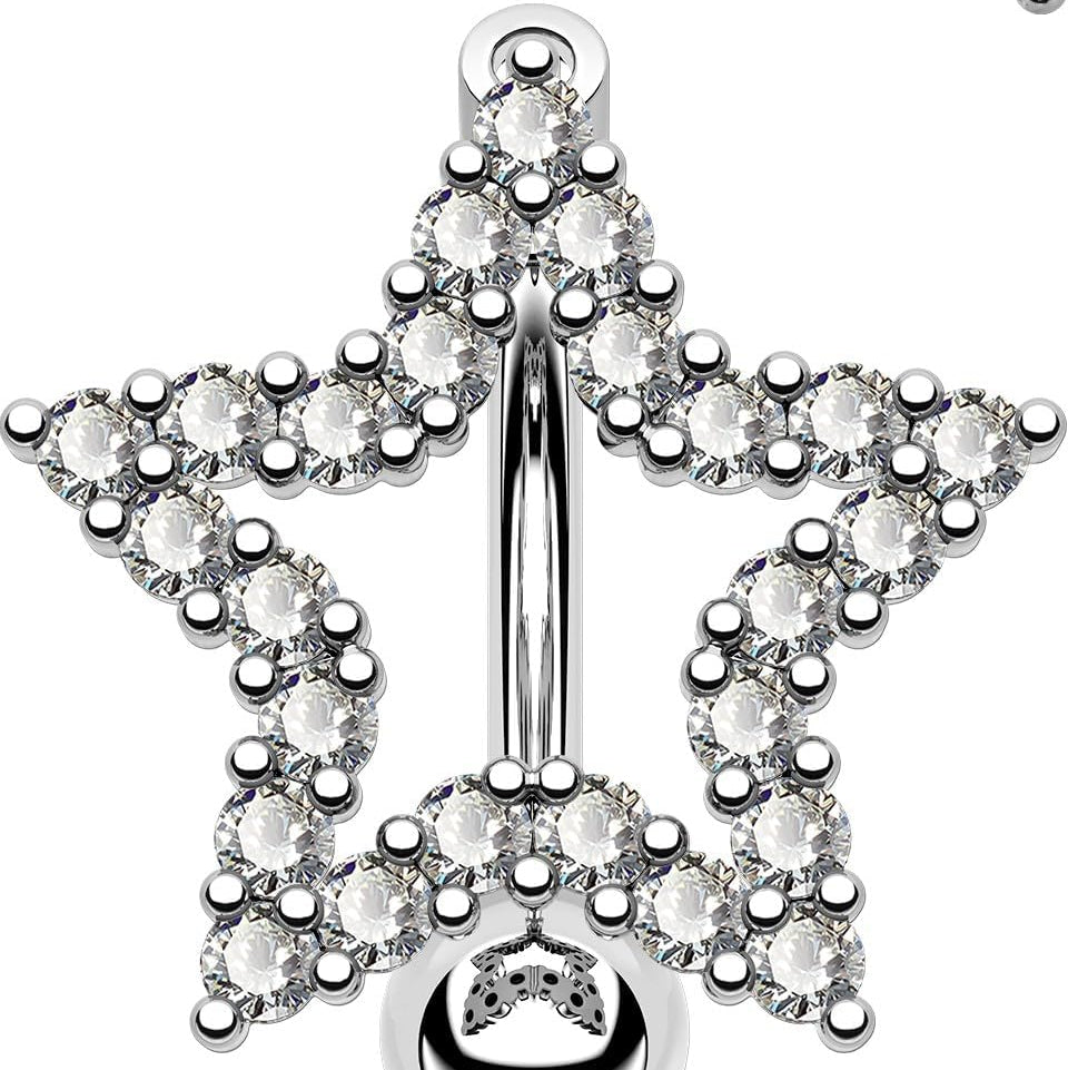  Belly Button Rings, 14G Star/Drop Shape Belly Rings, Pave CZ Crystal Top Down Belly Piercing Jewelry, 316L Surgical Steel Navel Piercing Jewelry For Women Men 