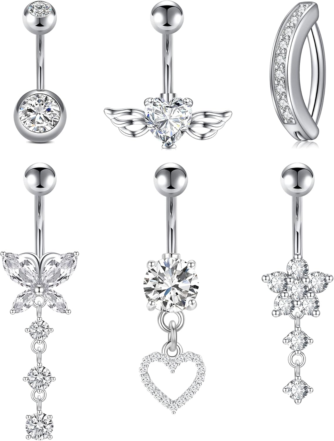 Belly Button Rings 14G Surgical Steel Belly Rings CZ Opal Navel Piercing Jewelry for Women Girls 3/8" 10mm Silver Rose Gold - 我的商店我的商店我的商店