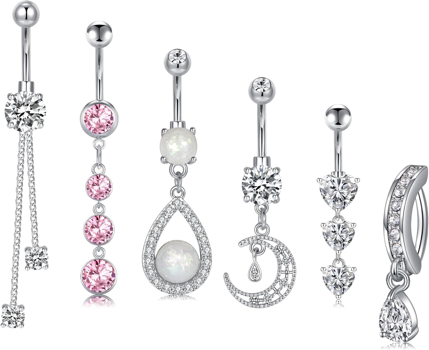 Belly Button Rings 14G Surgical Steel Belly Rings CZ Opal Navel Piercing Jewelry for Women Girls 3/8" 10mm Silver Rose Gold - 我的商店我的商店我的商店