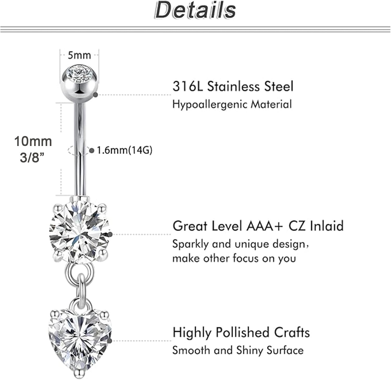 Belly Button Rings 14G Surgical Steel Belly Rings CZ Opal Navel Piercing Jewelry for Women Girls 3/8" 10mm Silver Rose Gold - 我的商店我的商店我的商店