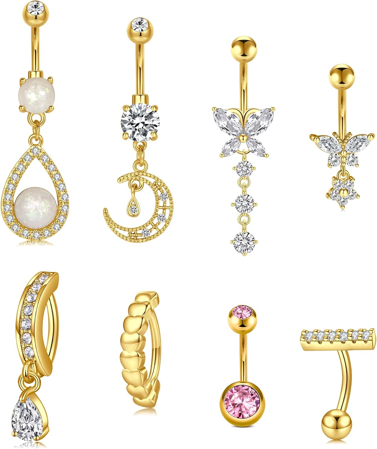 Belly Button Rings 14G Surgical Steel Belly Rings CZ Opal Navel Piercing Jewelry for Women Girls 3/8" 10mm Silver Rose Gold - 我的商店我的商店我的商店