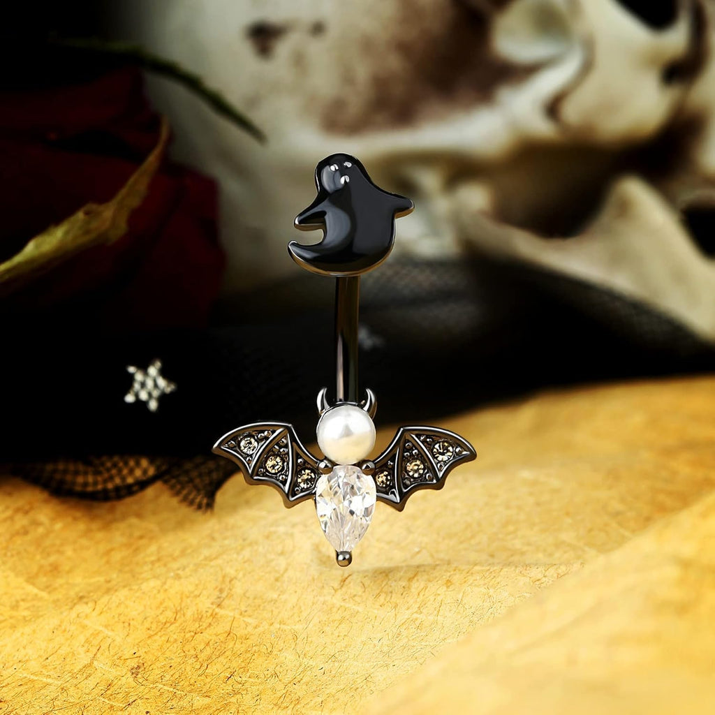 Belly Button Rings Bat Belly Rings 316L Stainless Steel Belly Piercing 14g Navel Ring for Women Navel Piercing Belly Bar Body Jewelry for Halloween Day - 我的商店我的商店我的商店