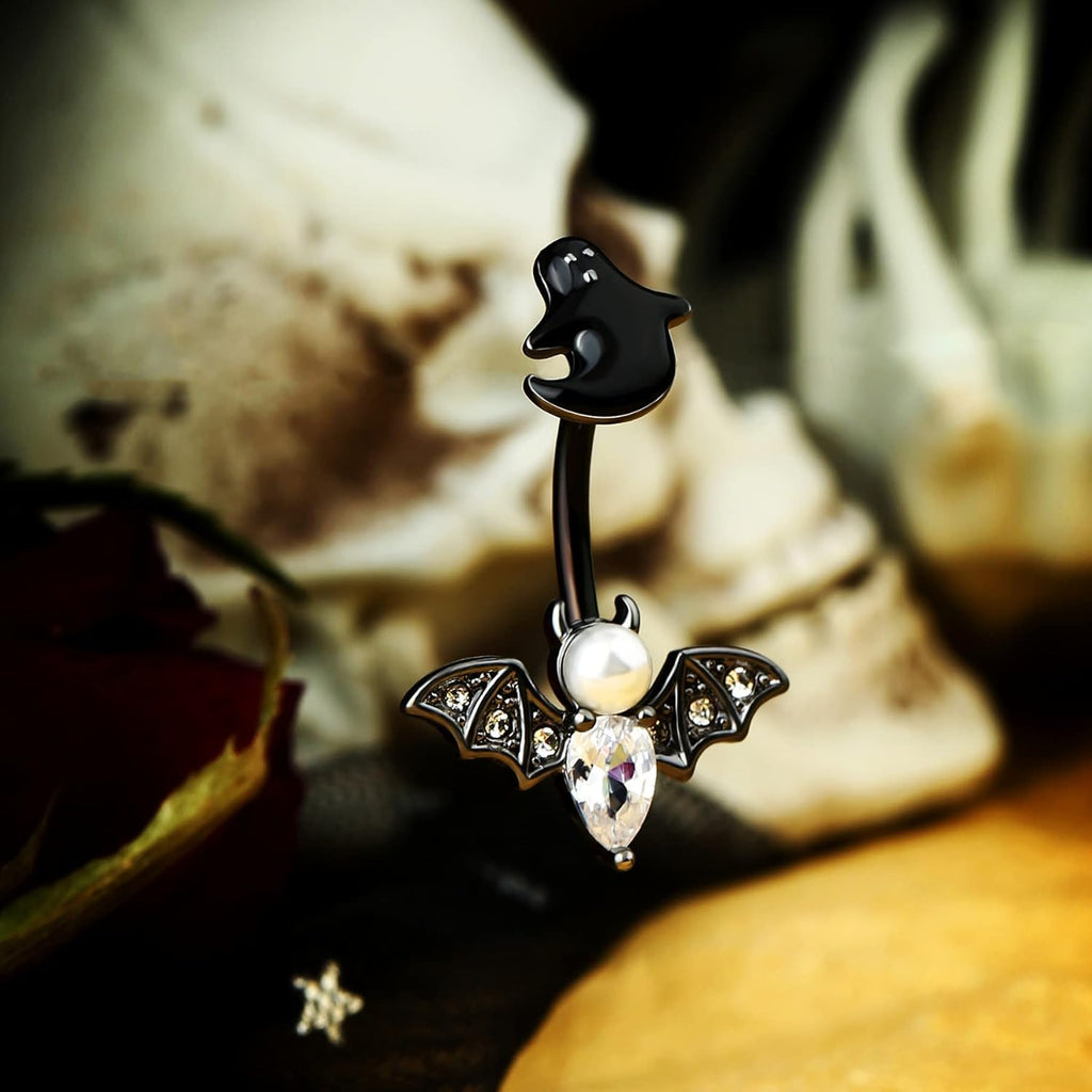 Belly Button Rings Bat Belly Rings 316L Stainless Steel Belly Piercing 14g Navel Ring for Women Navel Piercing Belly Bar Body Jewelry for Halloween Day - 我的商店我的商店我的商店